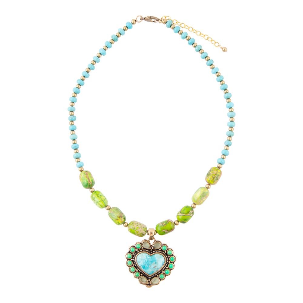 Necklace with heart-shaped pendant and turquoise beads on a white background