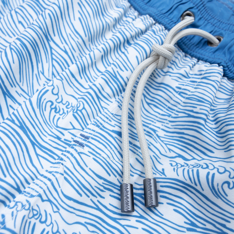 Close-up of blue and white patterned swim shorts with drawstring.