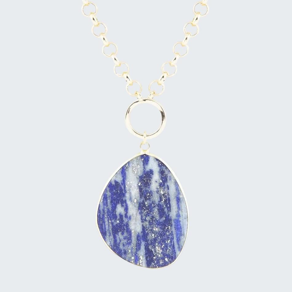 Necklace with a blue and white marbled pendant on a white background