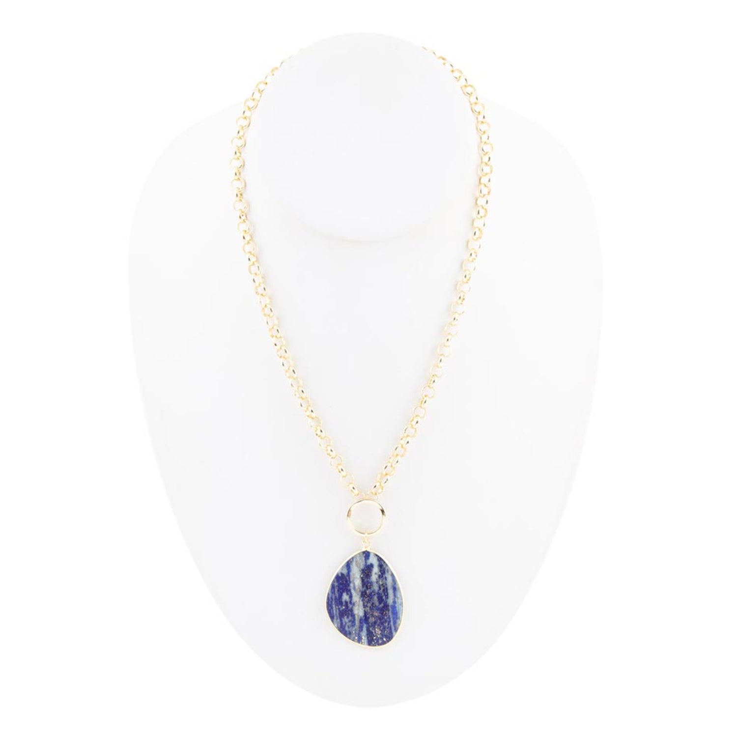 Necklace with a blue teardrop pendant on a white background