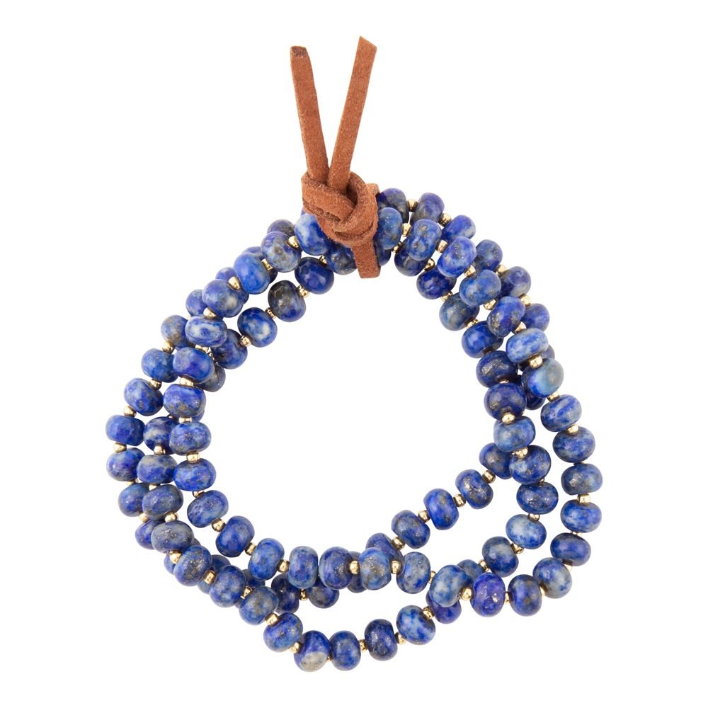 Blue beaded necklace with a brown leather cord on a white background