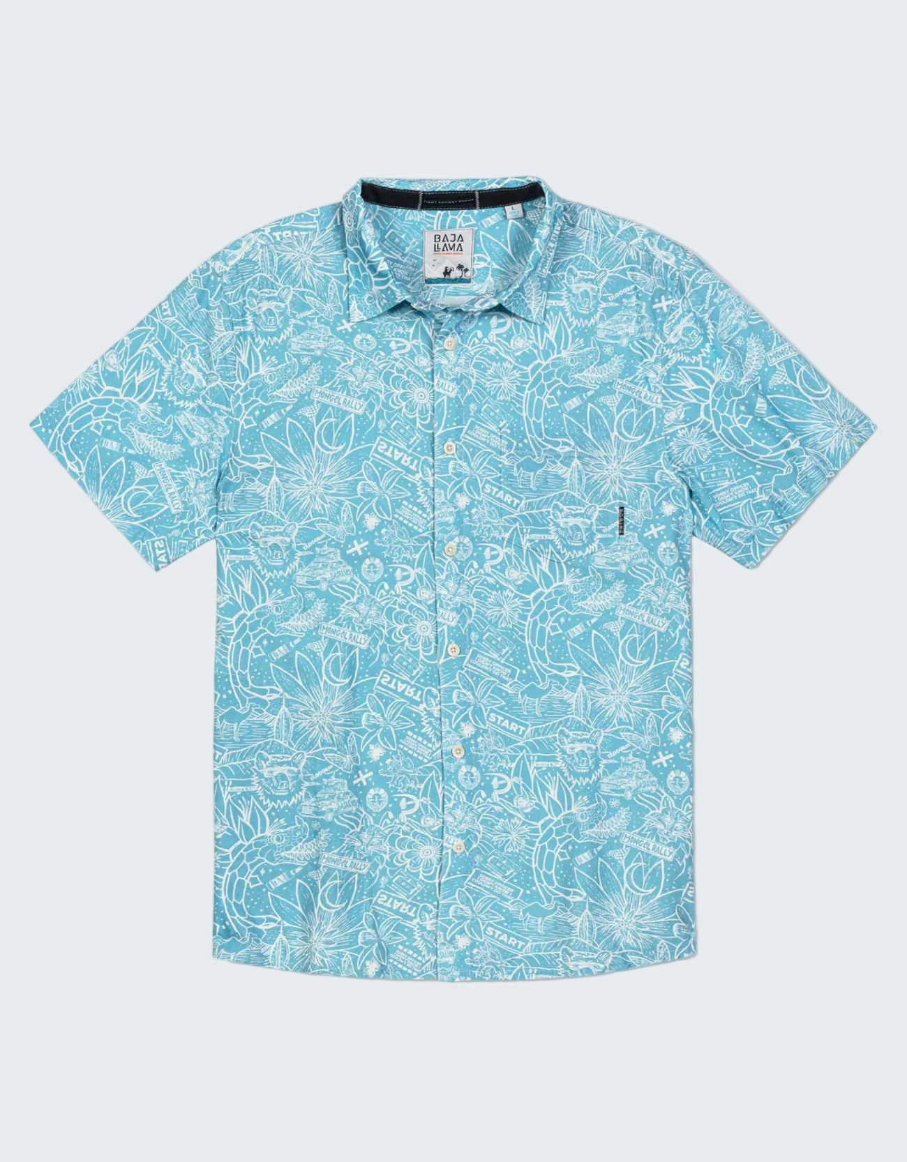 A light blue short-sleeve button-up shirt with a white tropical floral and wave pattern, featuring a collar, button front, and a chest pocket.