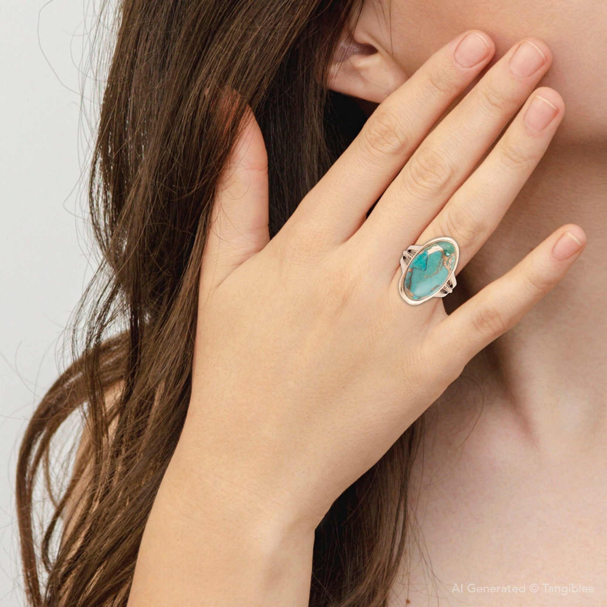 Close-up of a hand wearing a colorful ring with a neutral background