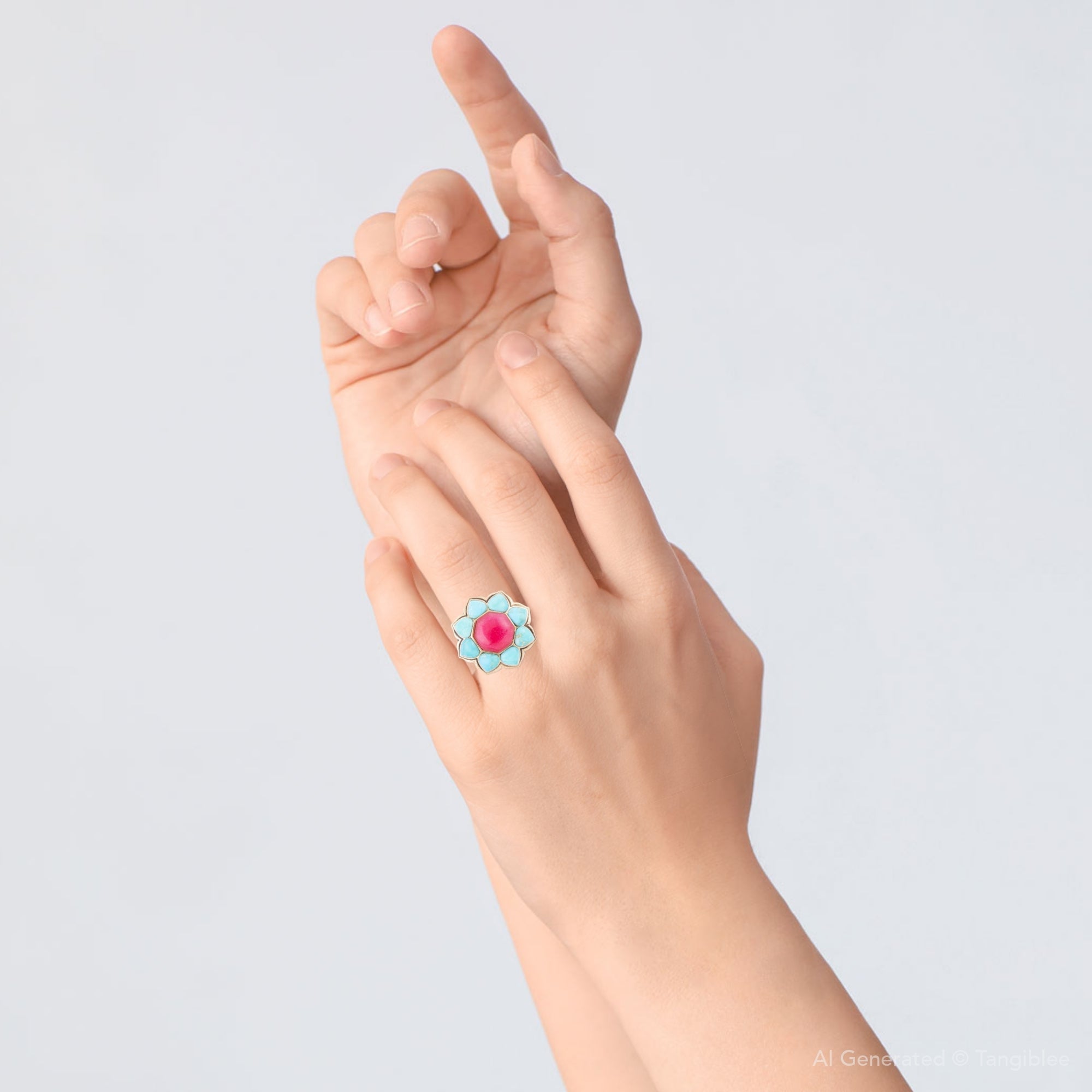 Hand wearing a ring with a colorful flower design on a light gray background
