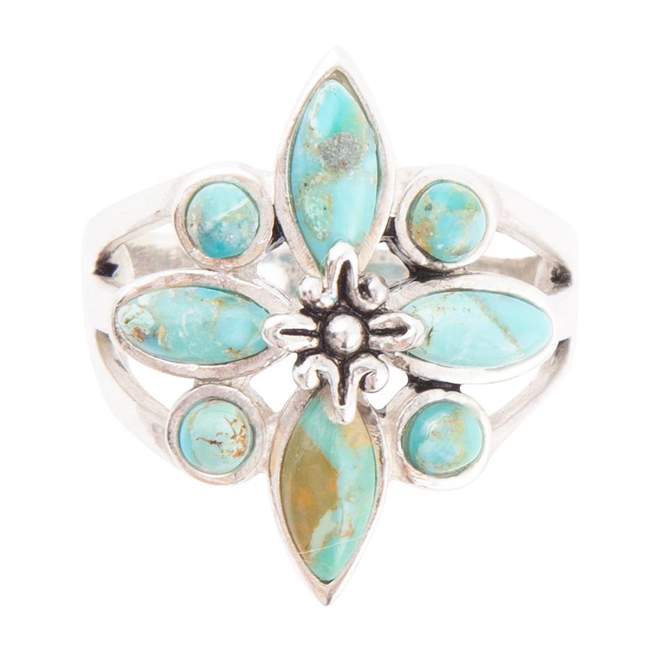 Silver ring with turquoise stone flowers on a white background