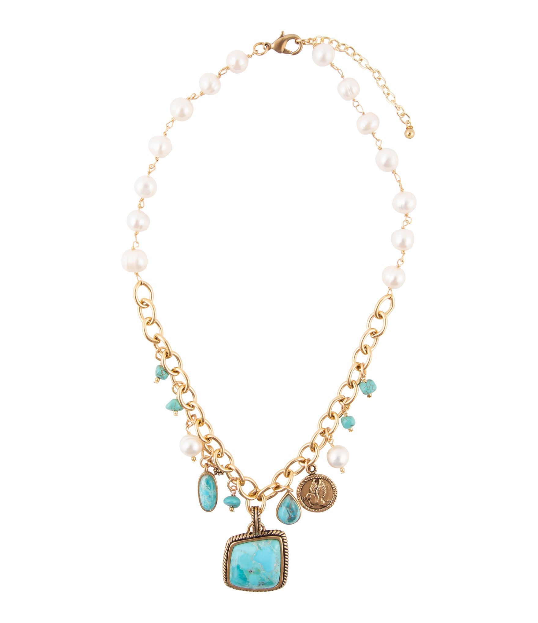Necklace with turquoise pendant and pearl chain on a white background