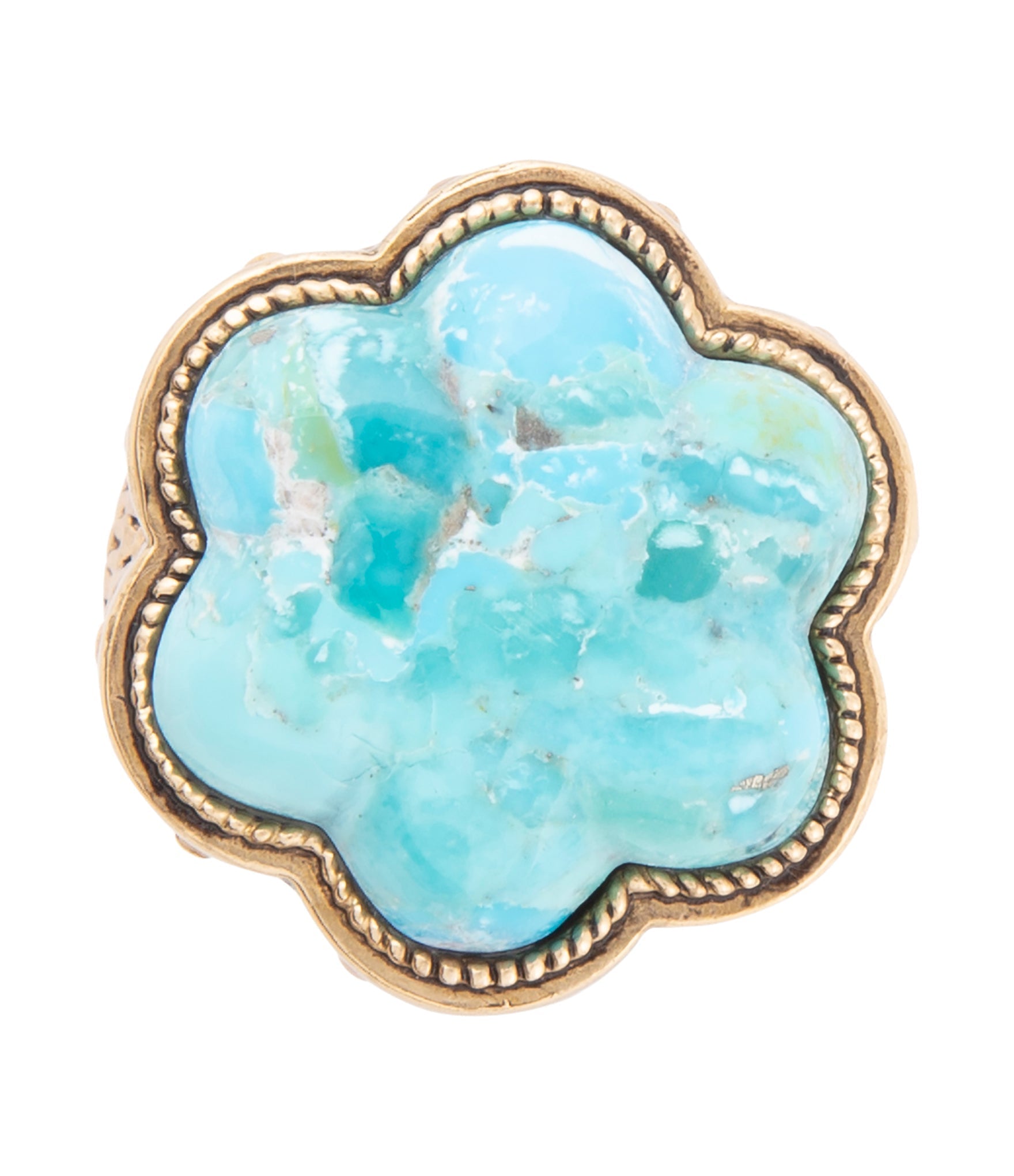 Ring with a blue stone and gold band on a white background