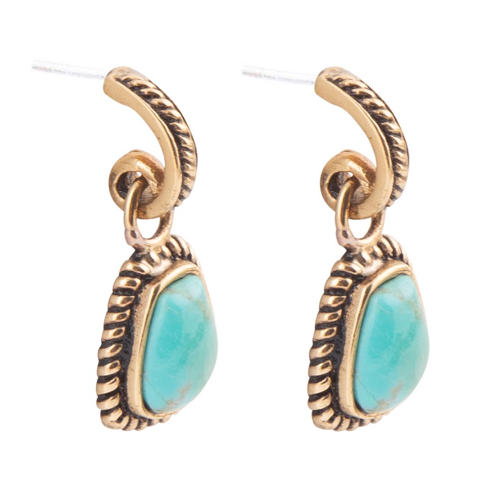 Pair of gold and turquoise earrings on a white background