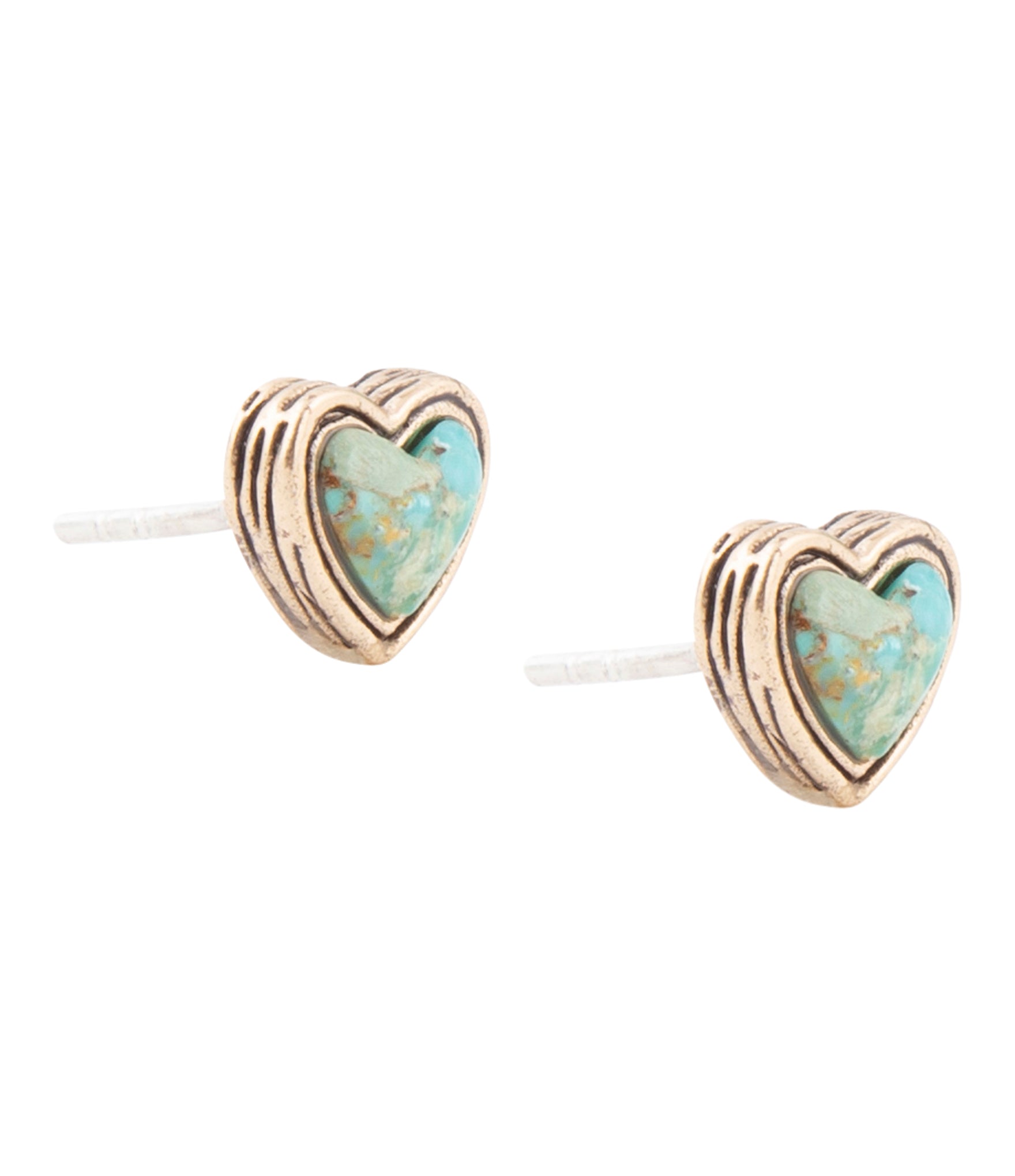Heart-shaped earrings with turquoise centers and gold accents on a white background
