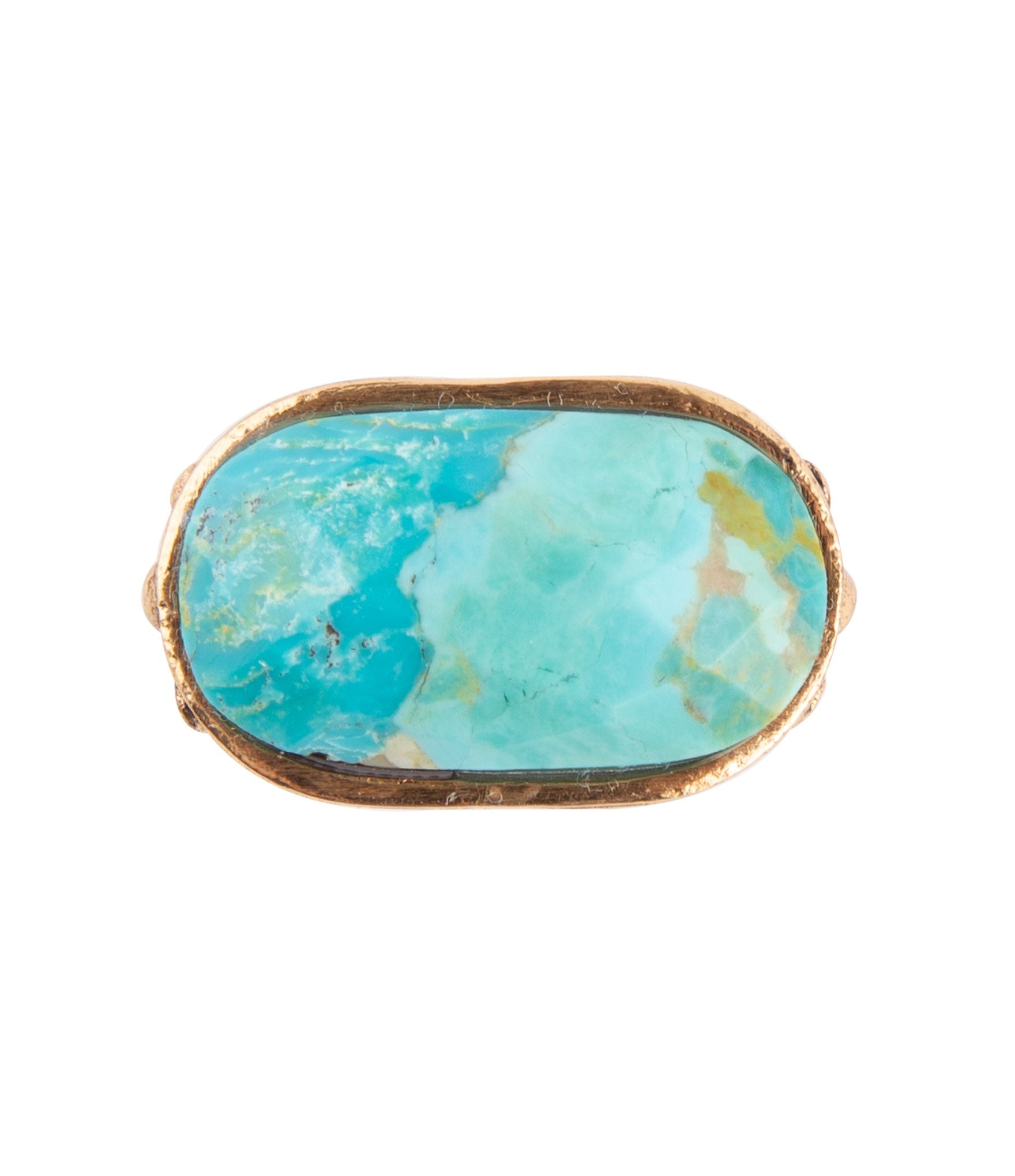 Turquoise stone ring with gold rim on a white background