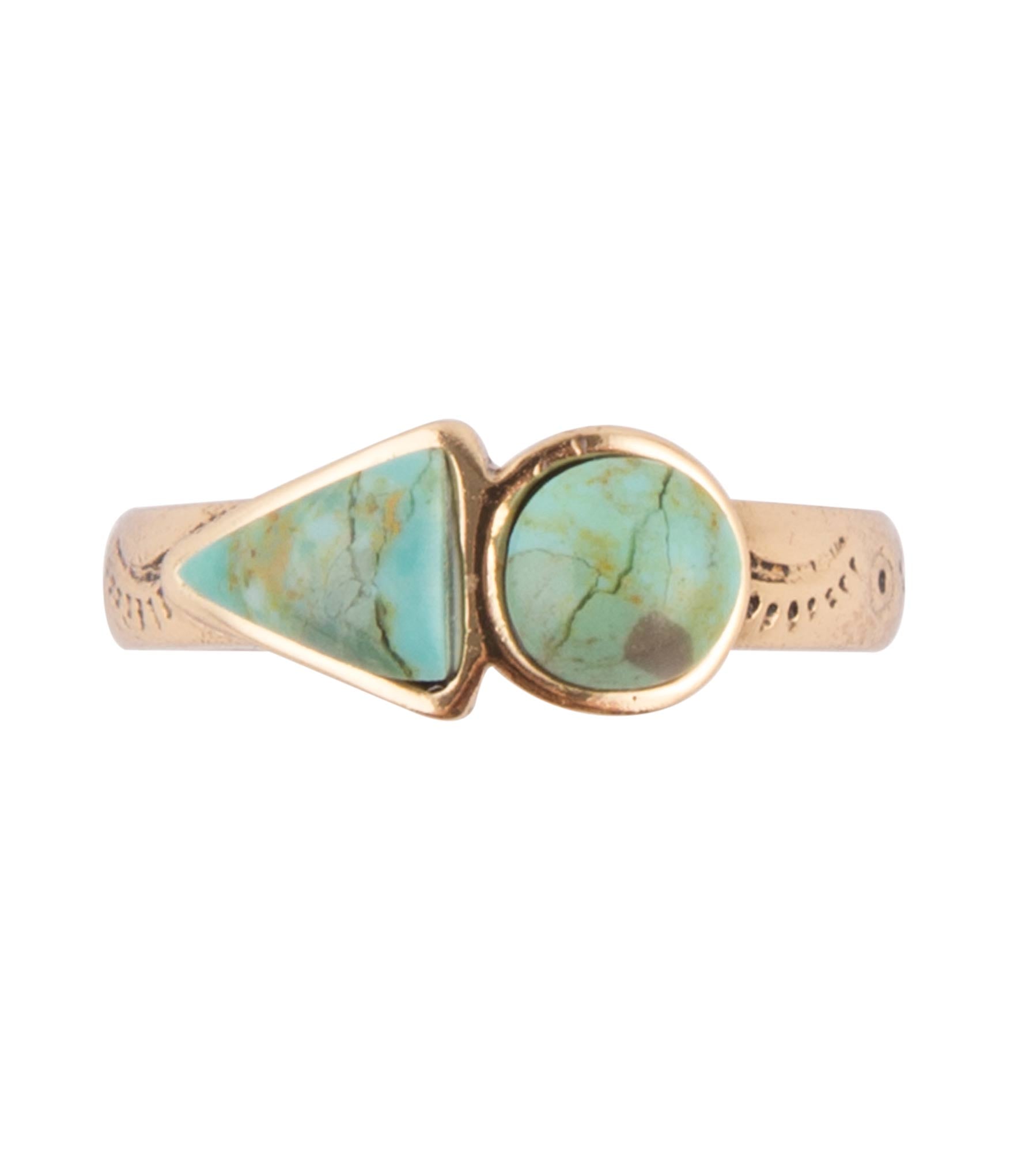 Ring with turquoise stones and gold accents on a white background