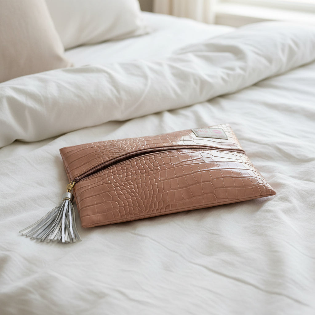 Pink makeup bag with a tassel on a light gray background