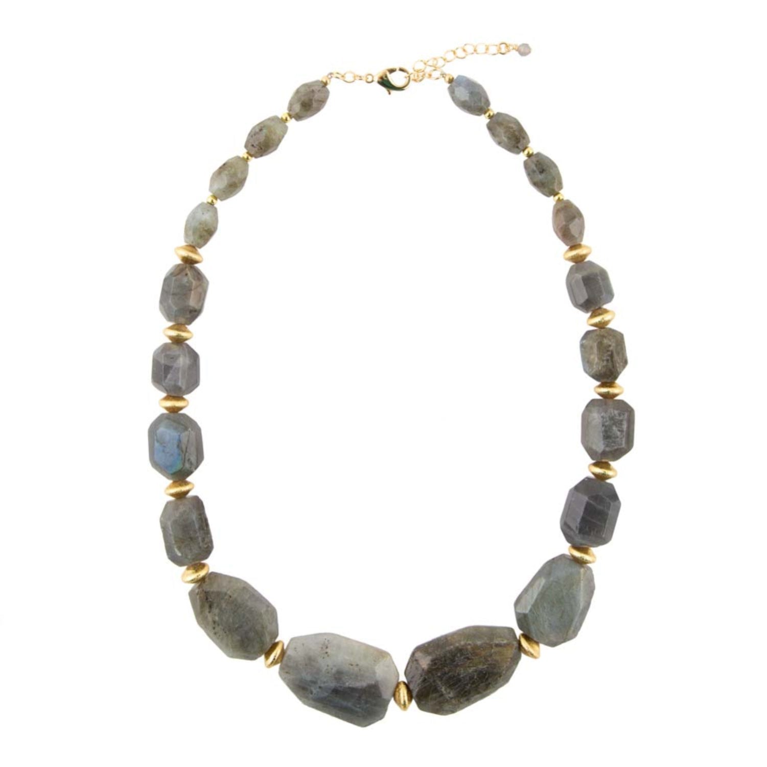 Necklace with gray beads and gold accents on a white background