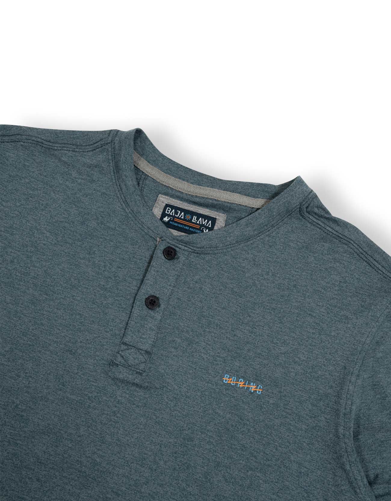 Blue henley shirt with brand label on a white background