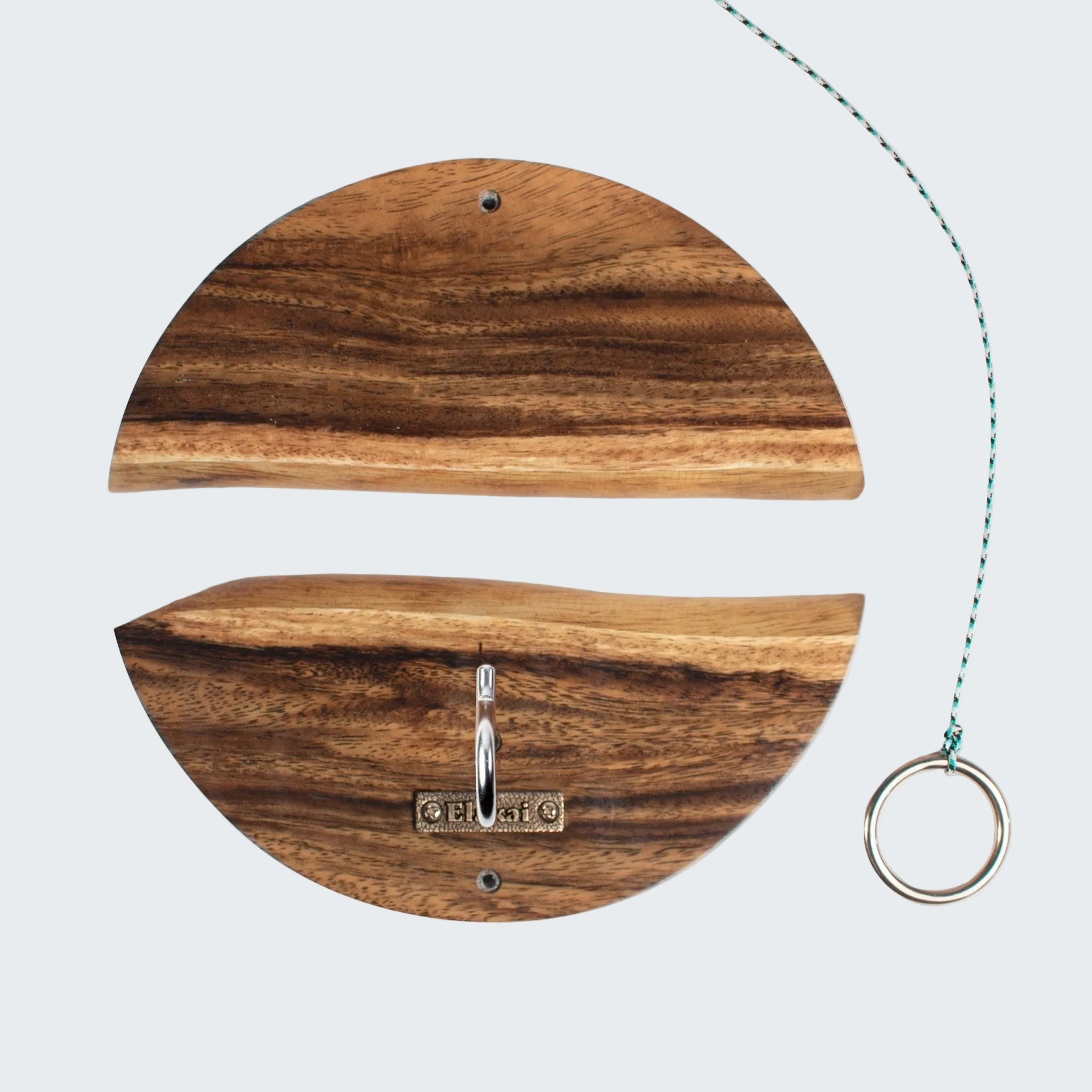 A round wooden wall hook with a natural wood grain finish and a central horizontal slot, featuring a silver metal hook and a hanging teal-and-white cord with a silver ring, shown on a white background.