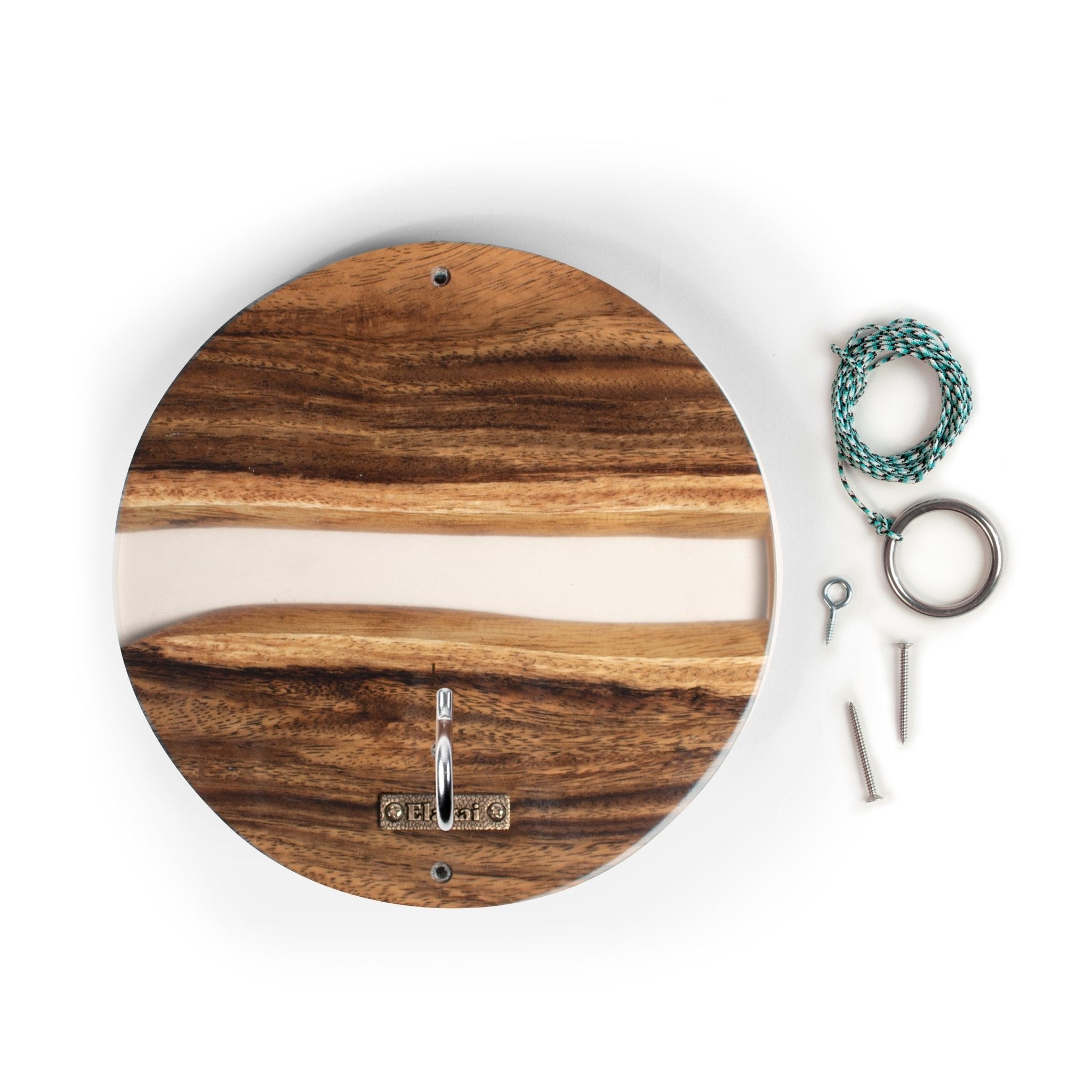Round wooden wall hanging with a natural wood grain pattern, a central horizontal wood slice, and a metal hook at the bottom, shown on a white background with included hanging hardware and rope.