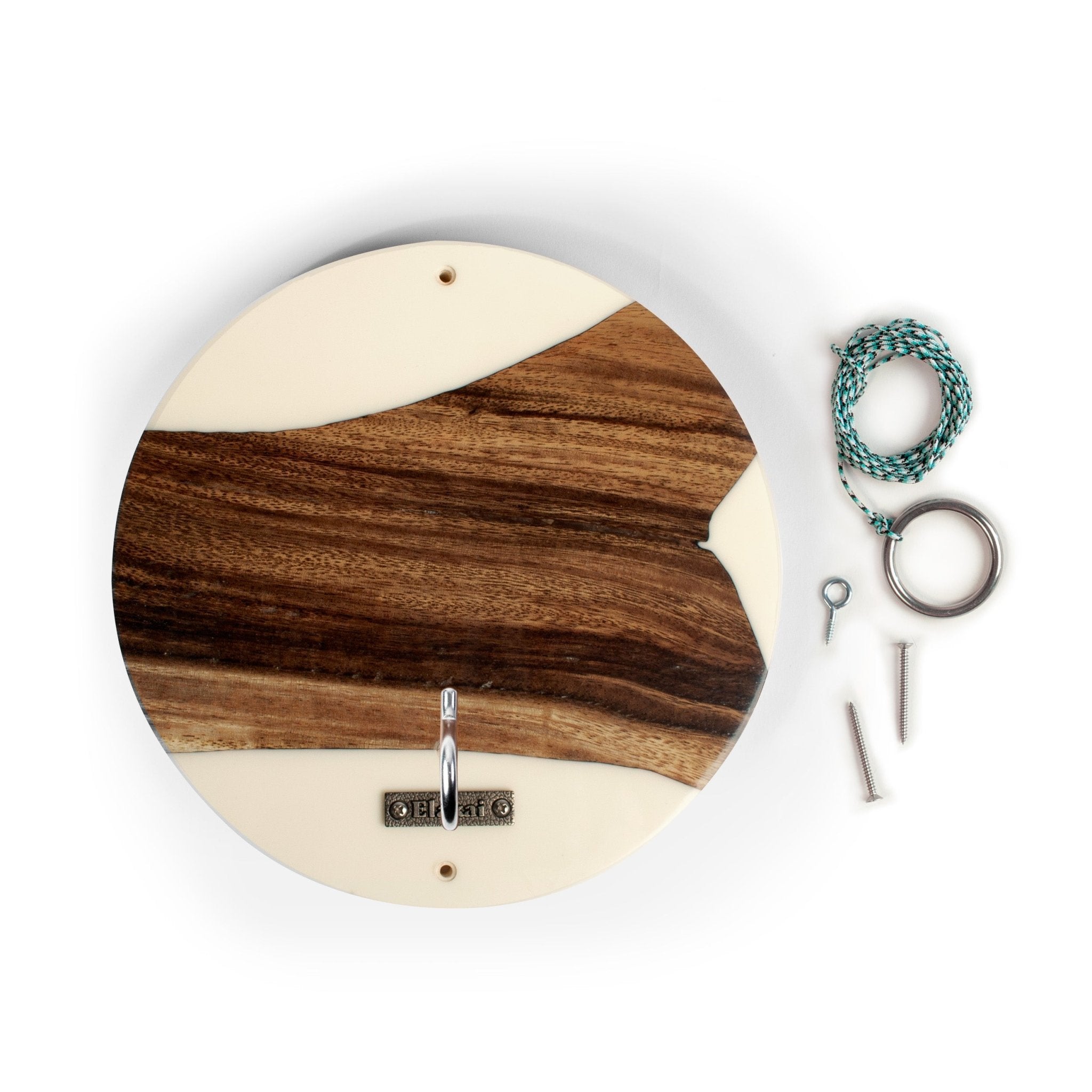 Round wall hook with a natural wood and cream resin inlay, shown with mounting hardware including a hanging hook, ring, screws, and a braided rope on a white background.