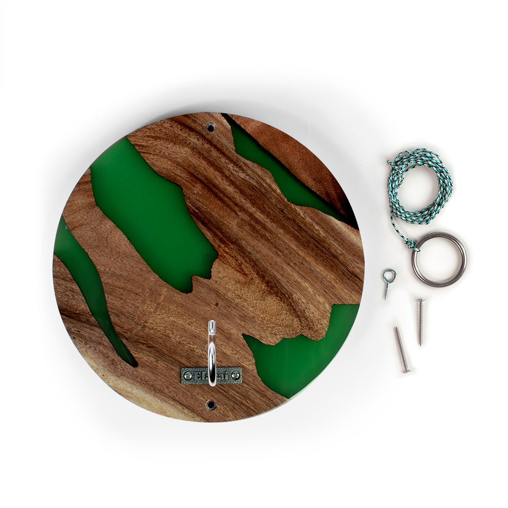 Round wooden wall art with a green river pattern, shown with mounting hardware on a white background.