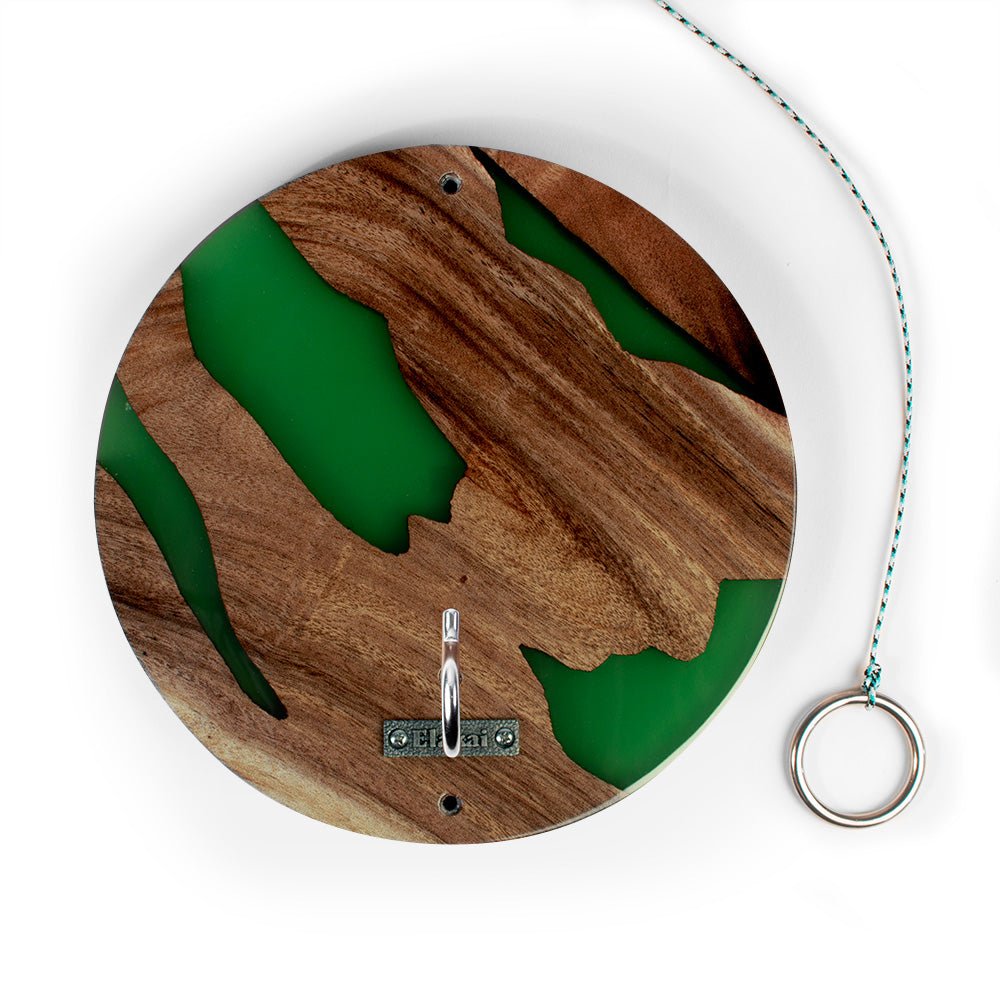 Round wooden wall hook with green resin inlay, shown on a white background with a hanging pull cord and ring.