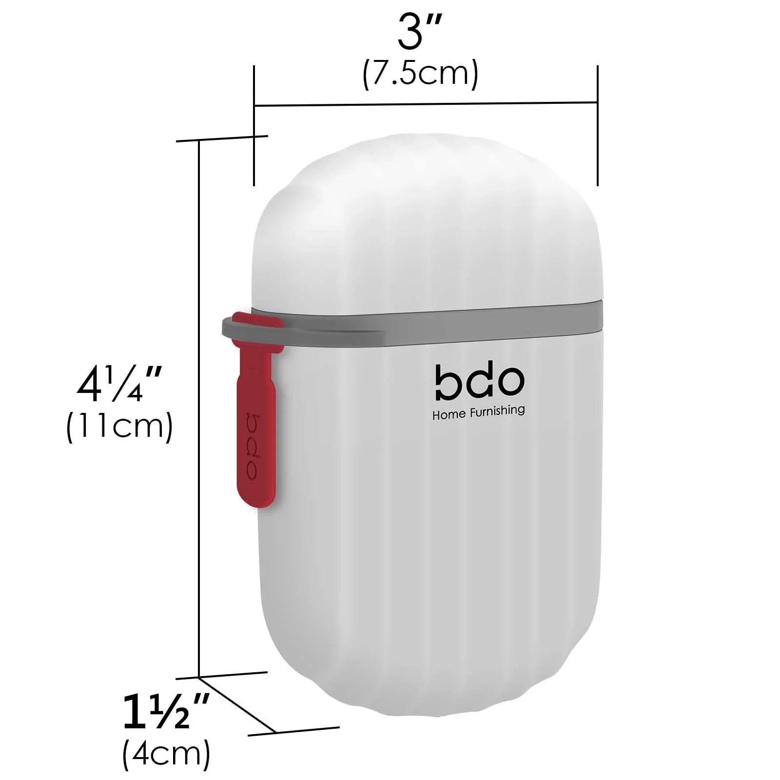 White cylindrical container with red tag and dimensions labeled on a white background