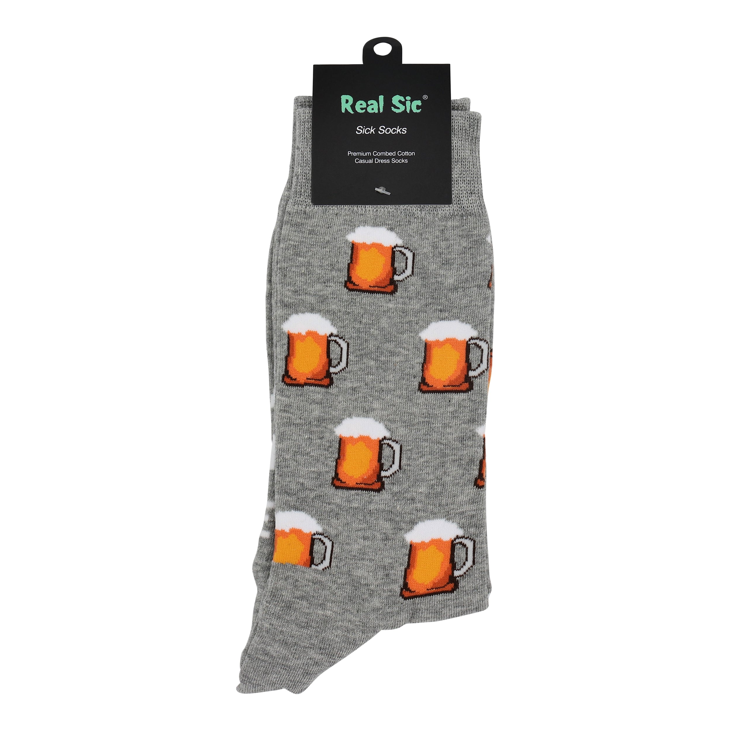Gray socks with beer mug designs and 'Real Sic' branding on a white background