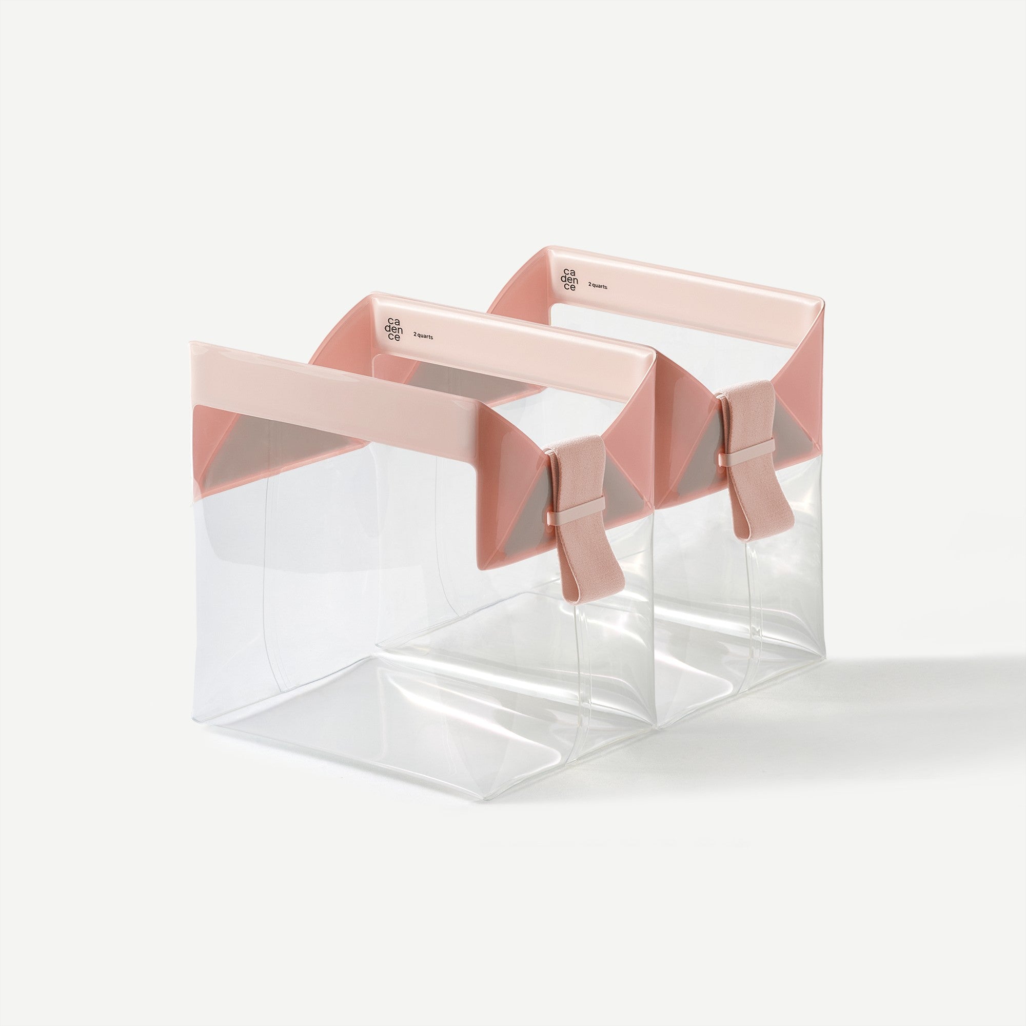 Clear plastic bag with pink straps on a white background