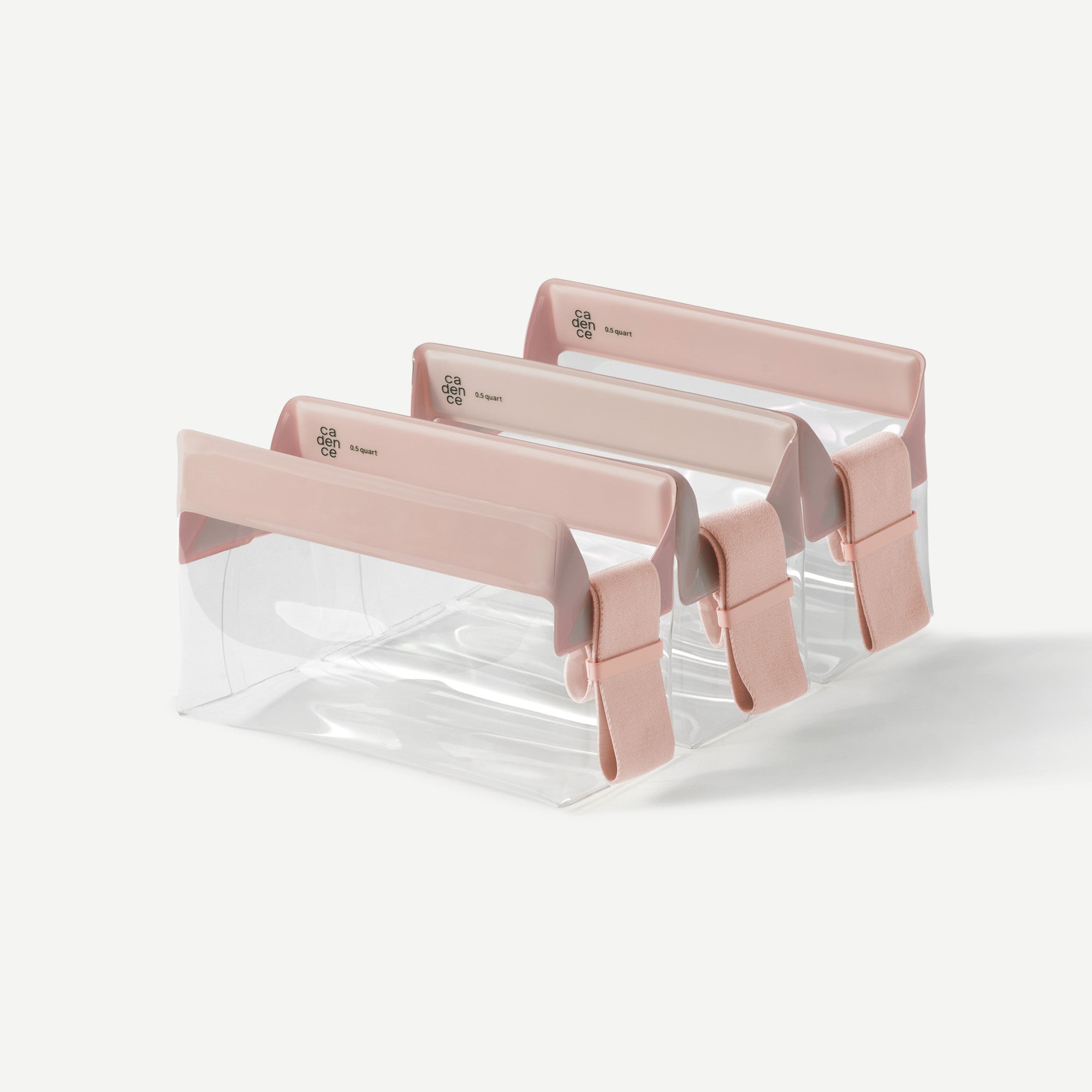Set of clear plastic bags with pink straps on a white background