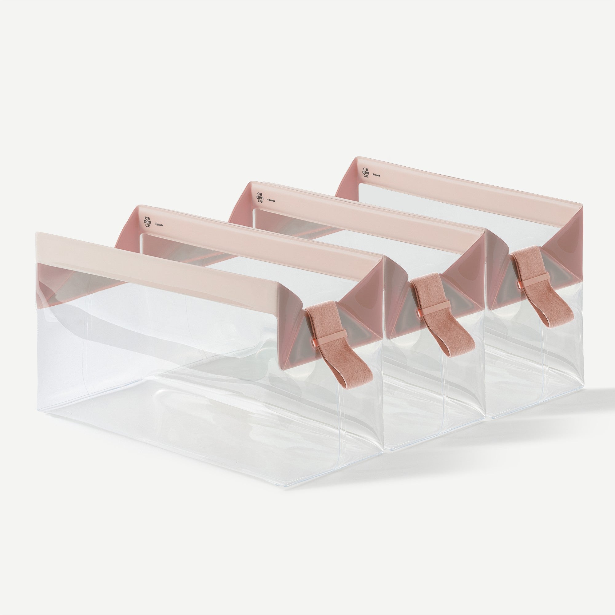 Clear plastic bags with pink metal clips on a white background