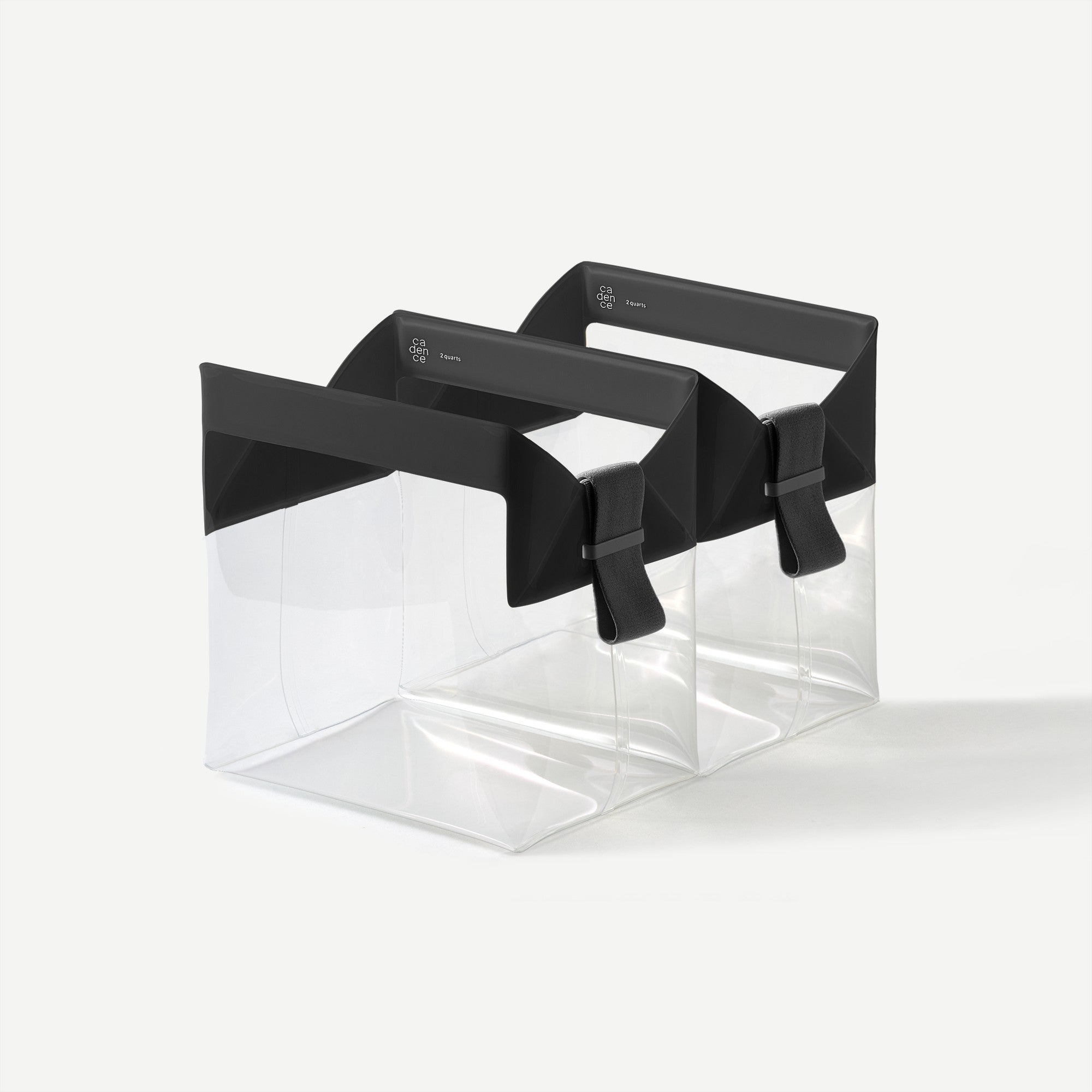 Clear plastic box with black lids on a white background