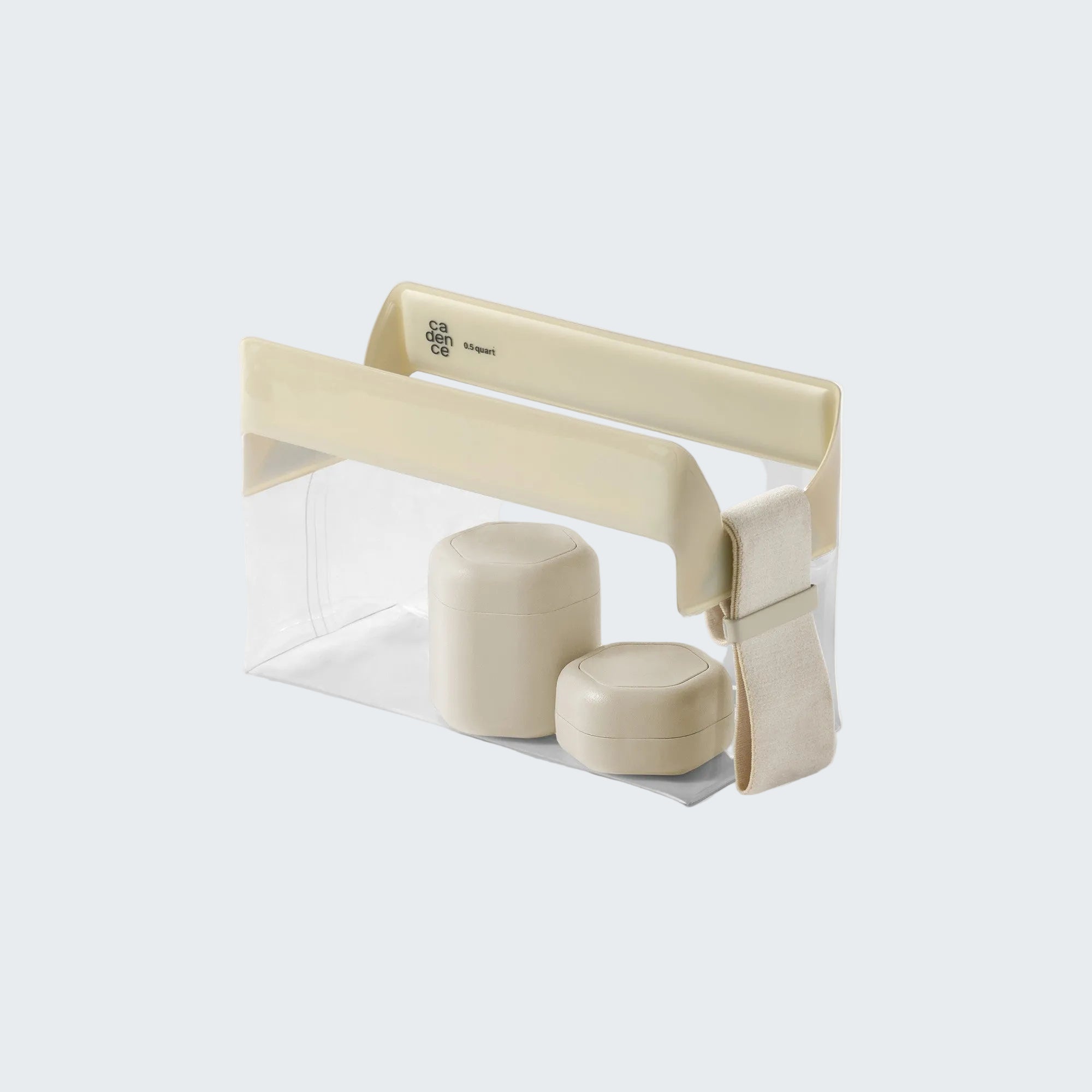Beige baby seat with clear plastic cover on a white background