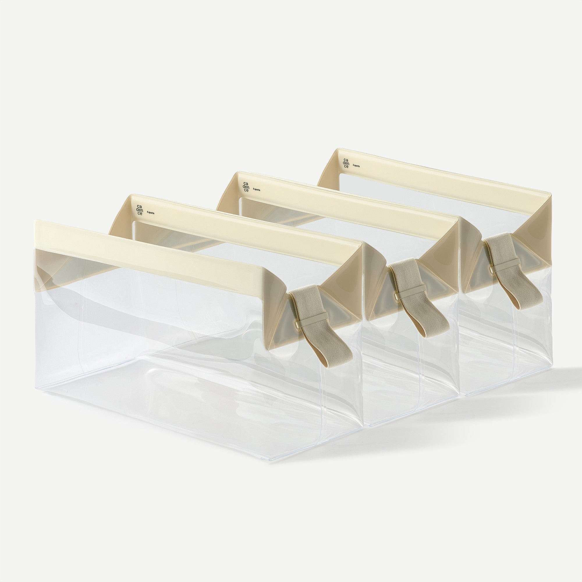 Clear plastic bags with gold metal clasps on a white background