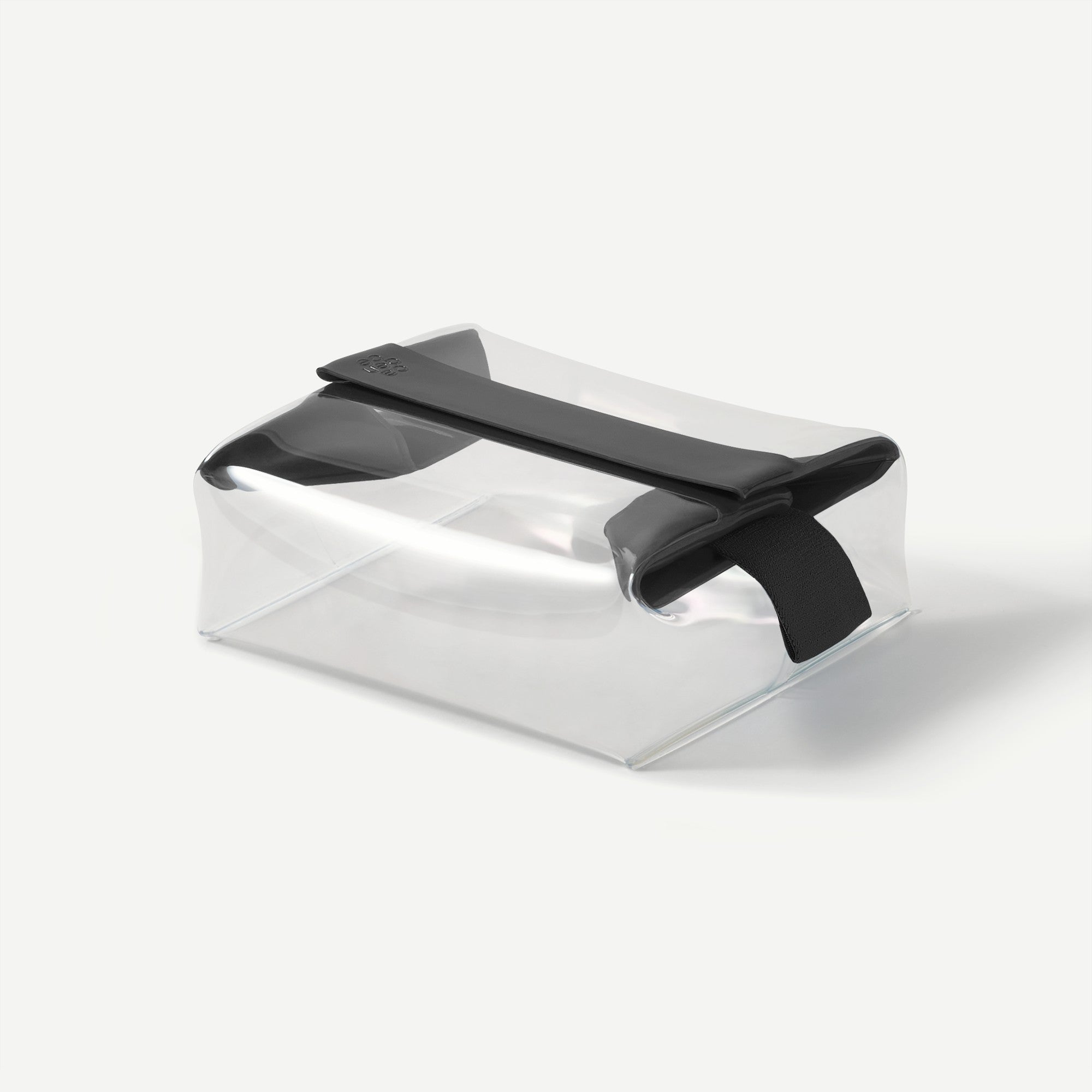 Clear plastic container with brown handles on a white background