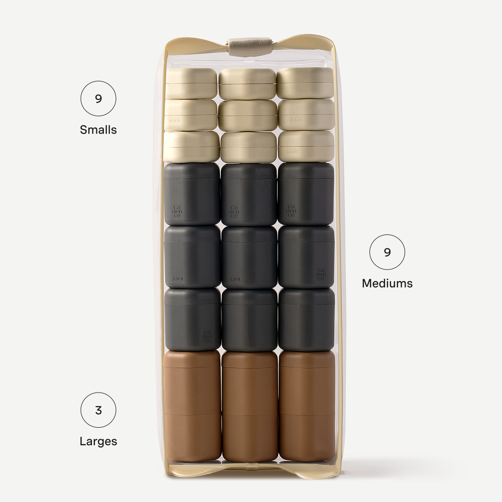 Packaging of cylindrical containers in various sizes on a white background