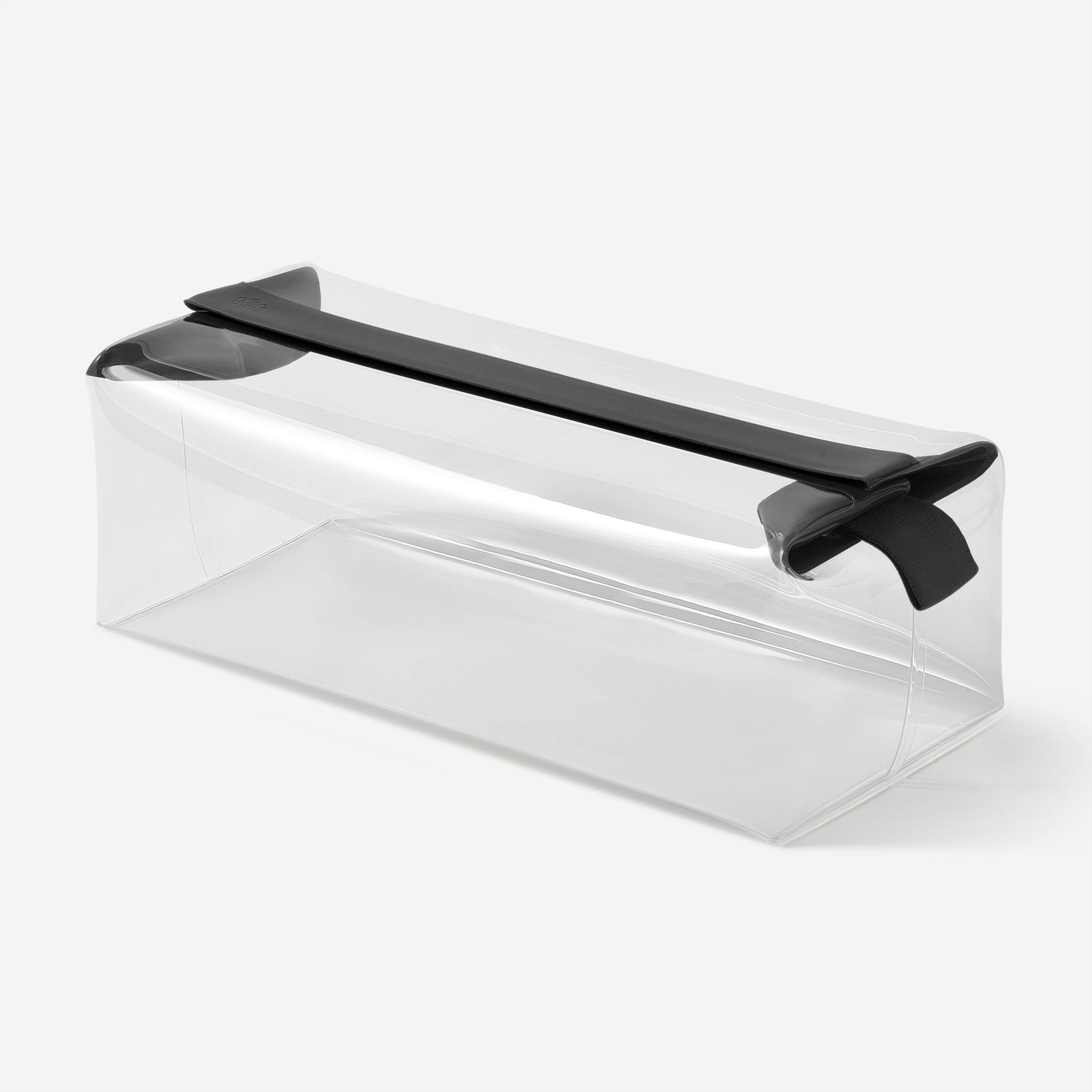 Clear plastic container with a black handle on a white background