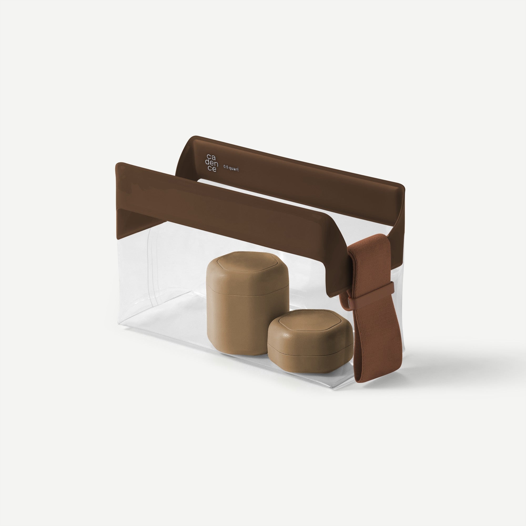 Brown storage bag with clear window containing two beige cylindrical objects on a white background