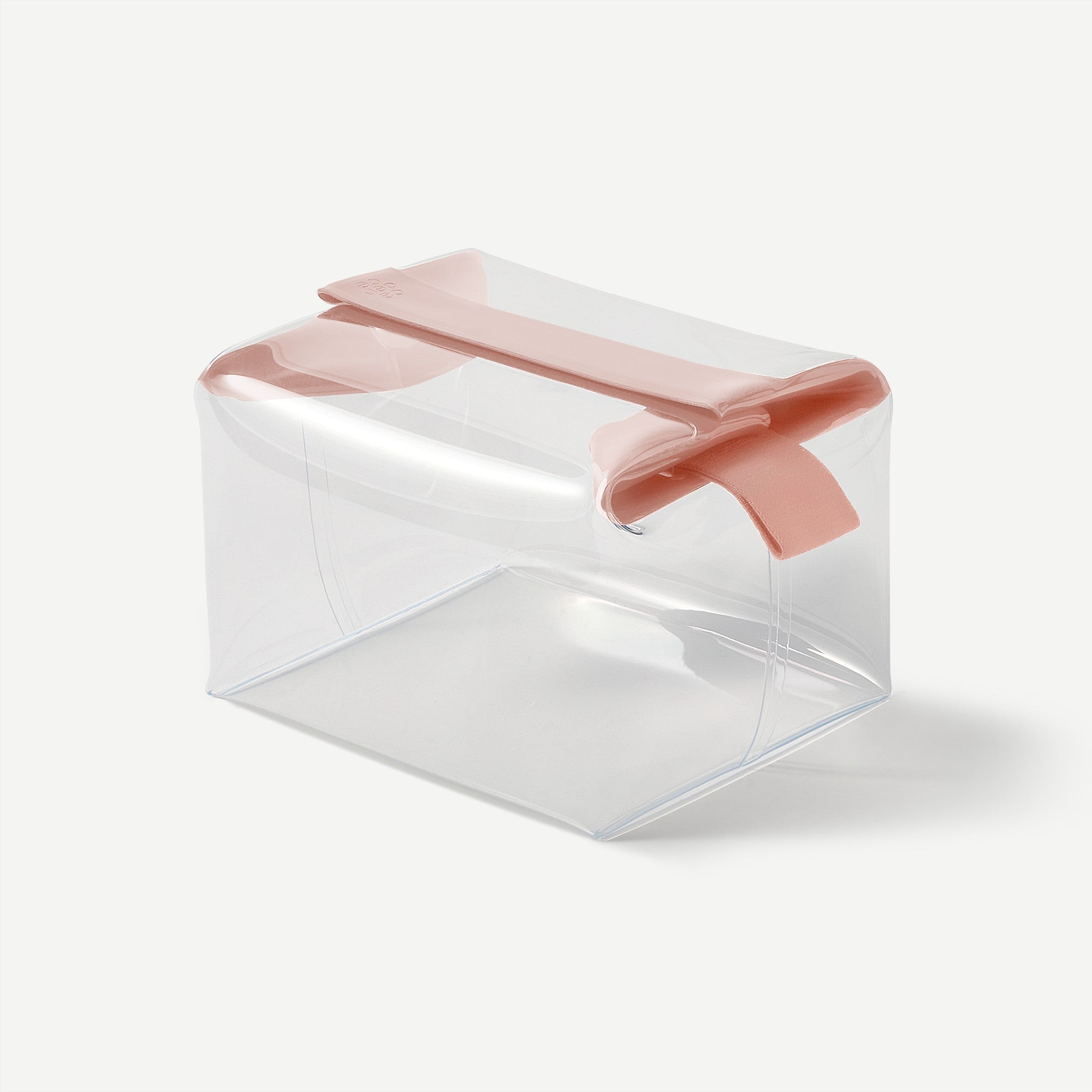 Clear plastic box with a pink ribbon on a white background
