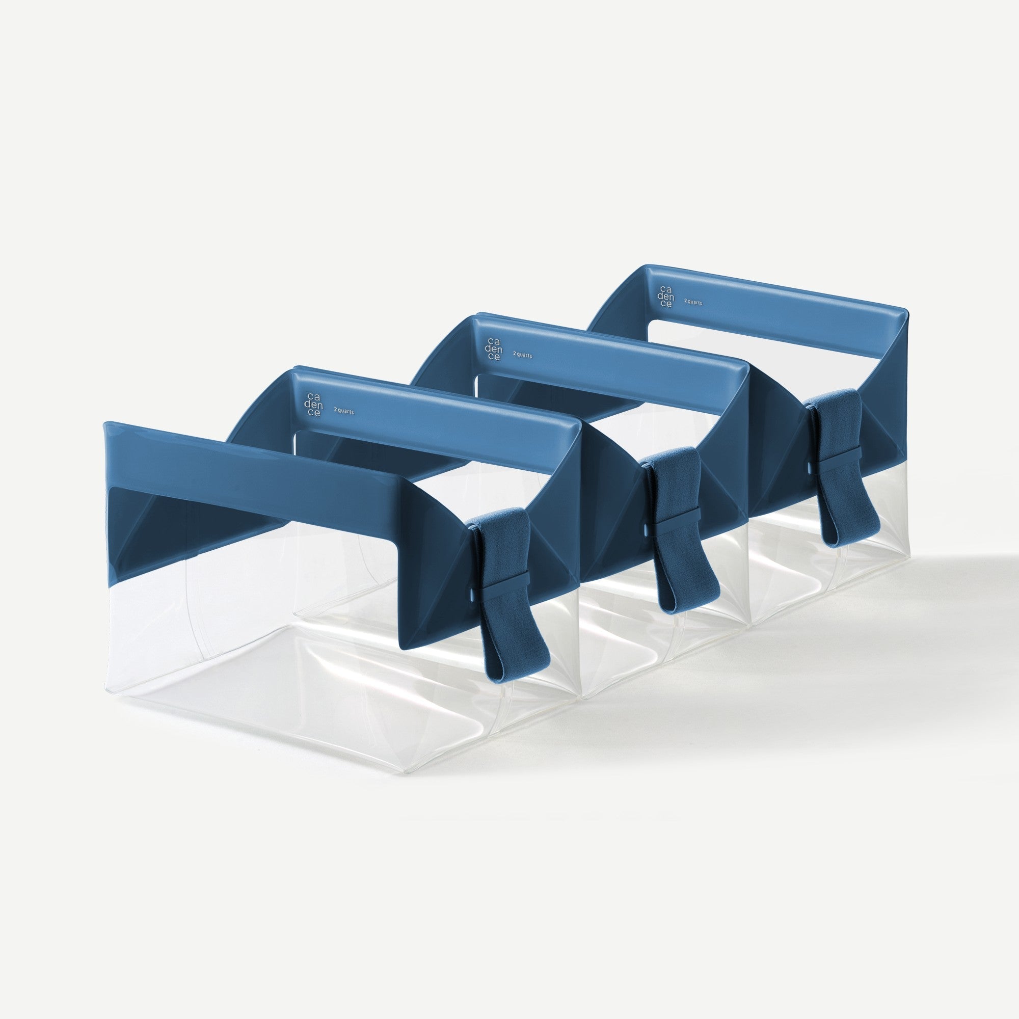 Blue geometric shelf with clear acrylic base on a white background
