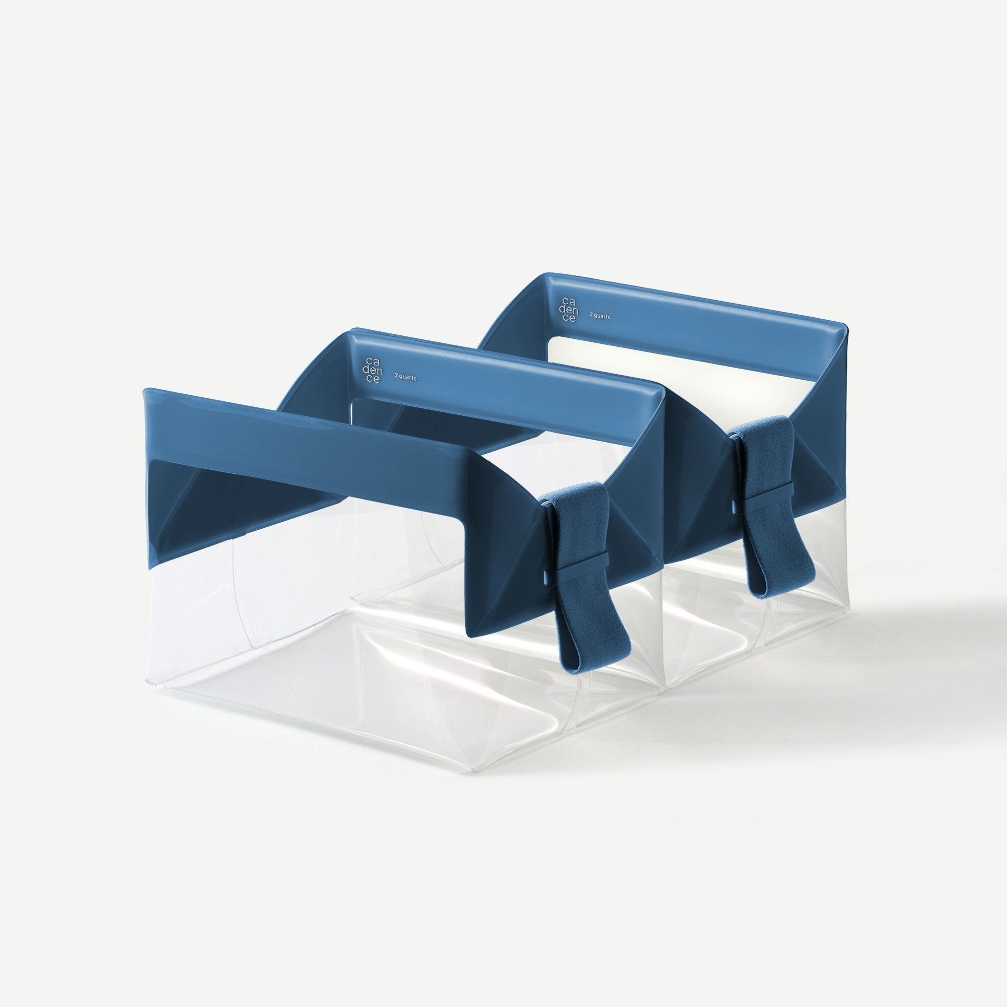 Blue bow-shaped product on a clear stand against a white background