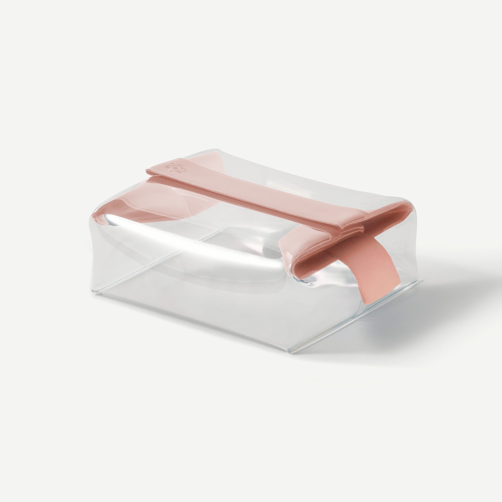 Clear rectangular container with a pink lid on a white background