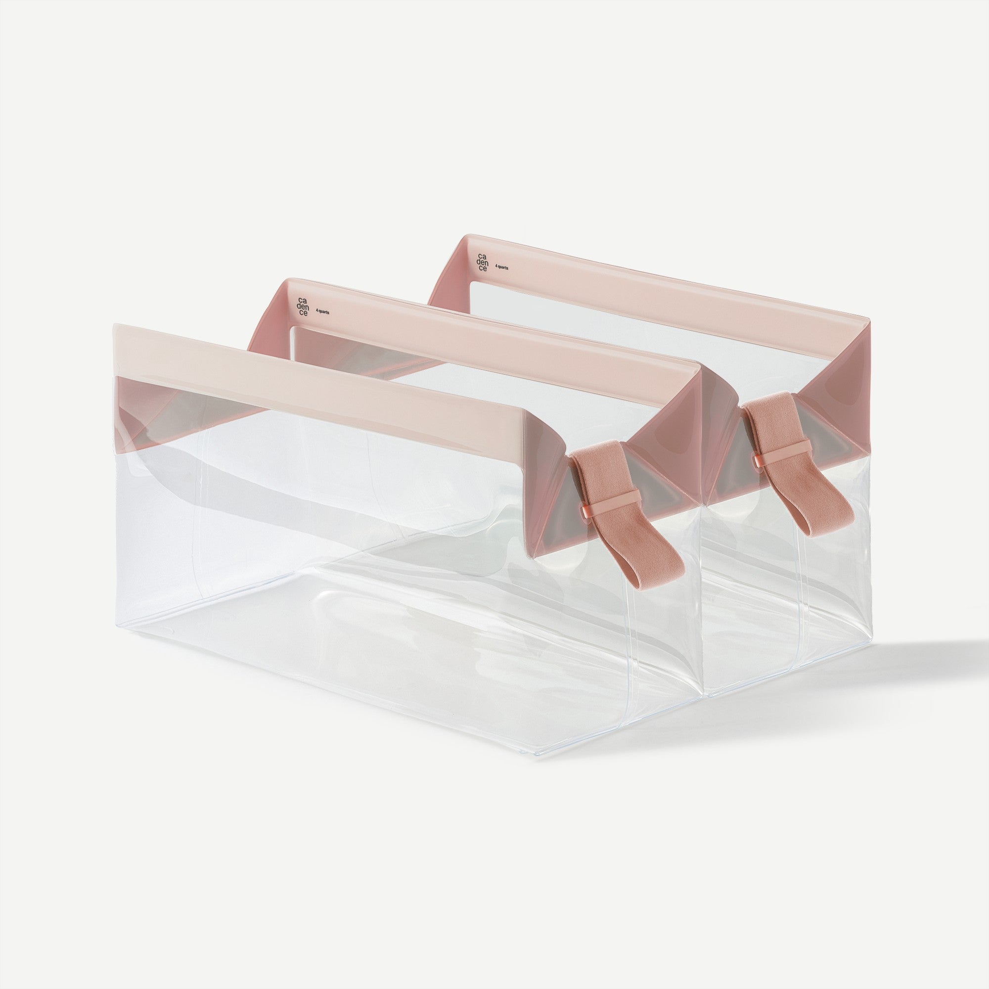 Clear plastic bag with pink metal clips on a white background