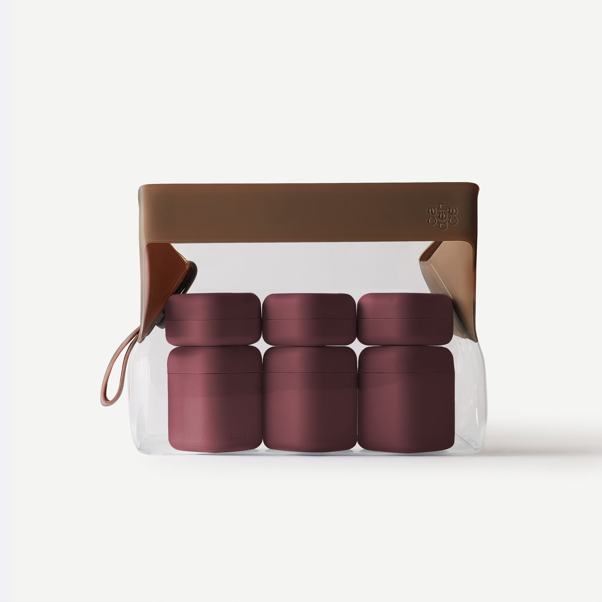 Set of four maroon containers in a clear plastic pack with a brown lid on a white background