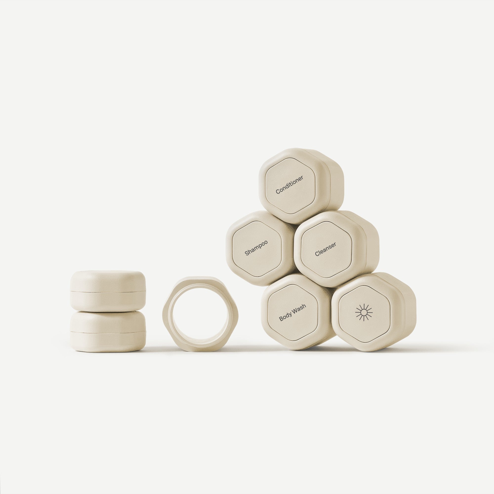 Set of hexagonal containers with labels on a white background
