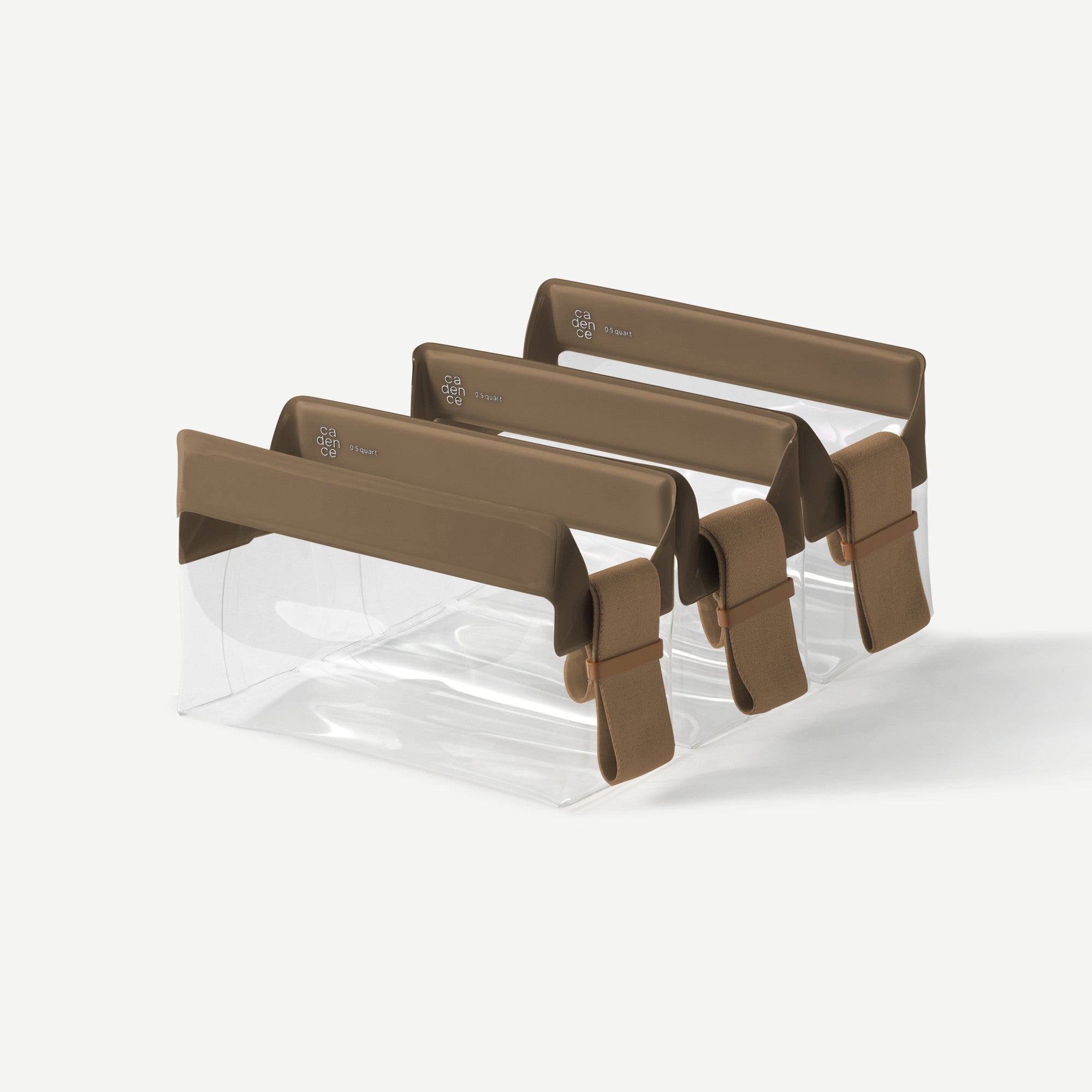 Set of brown gardening tools on a clear stand against a white background