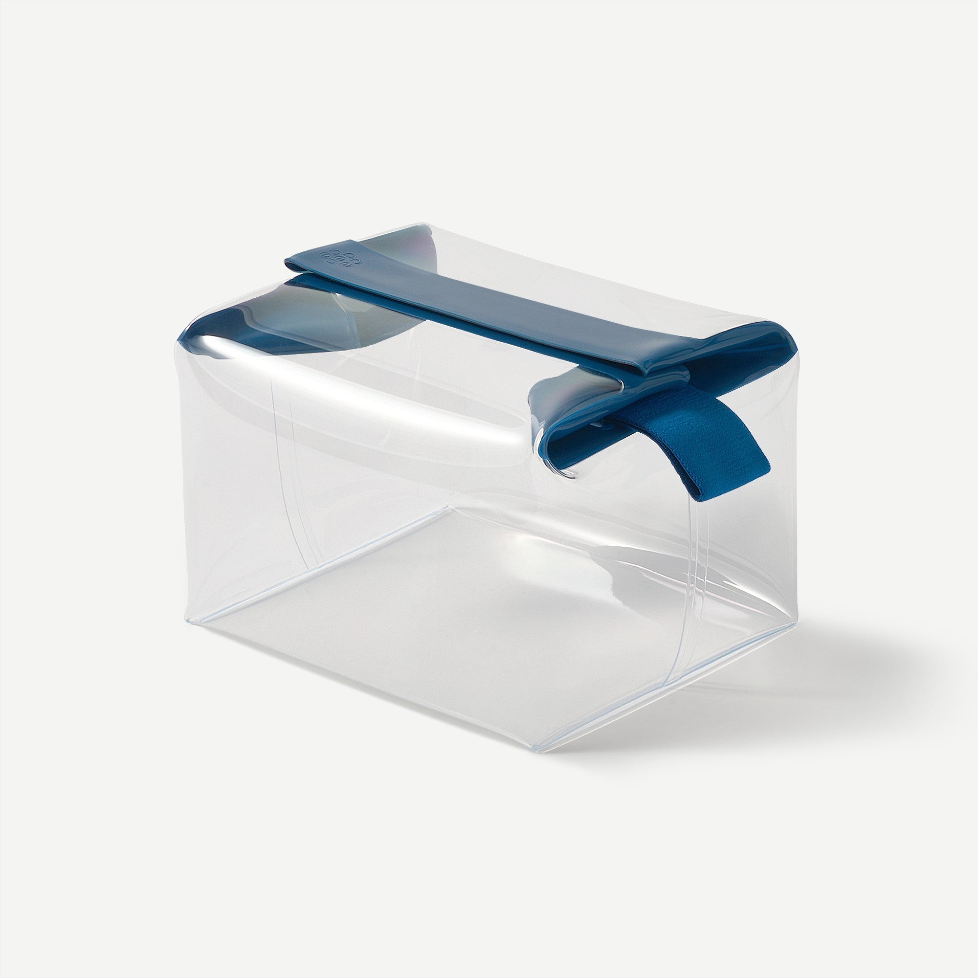 Clear plastic container with blue lid on a white background