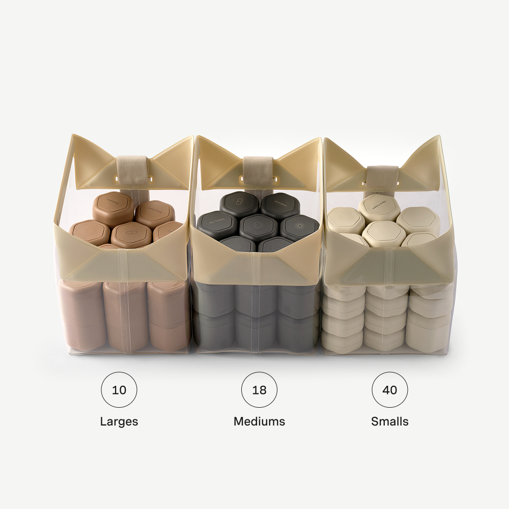 Storage bins with labeled quantities of large, medium, and small items on a white background