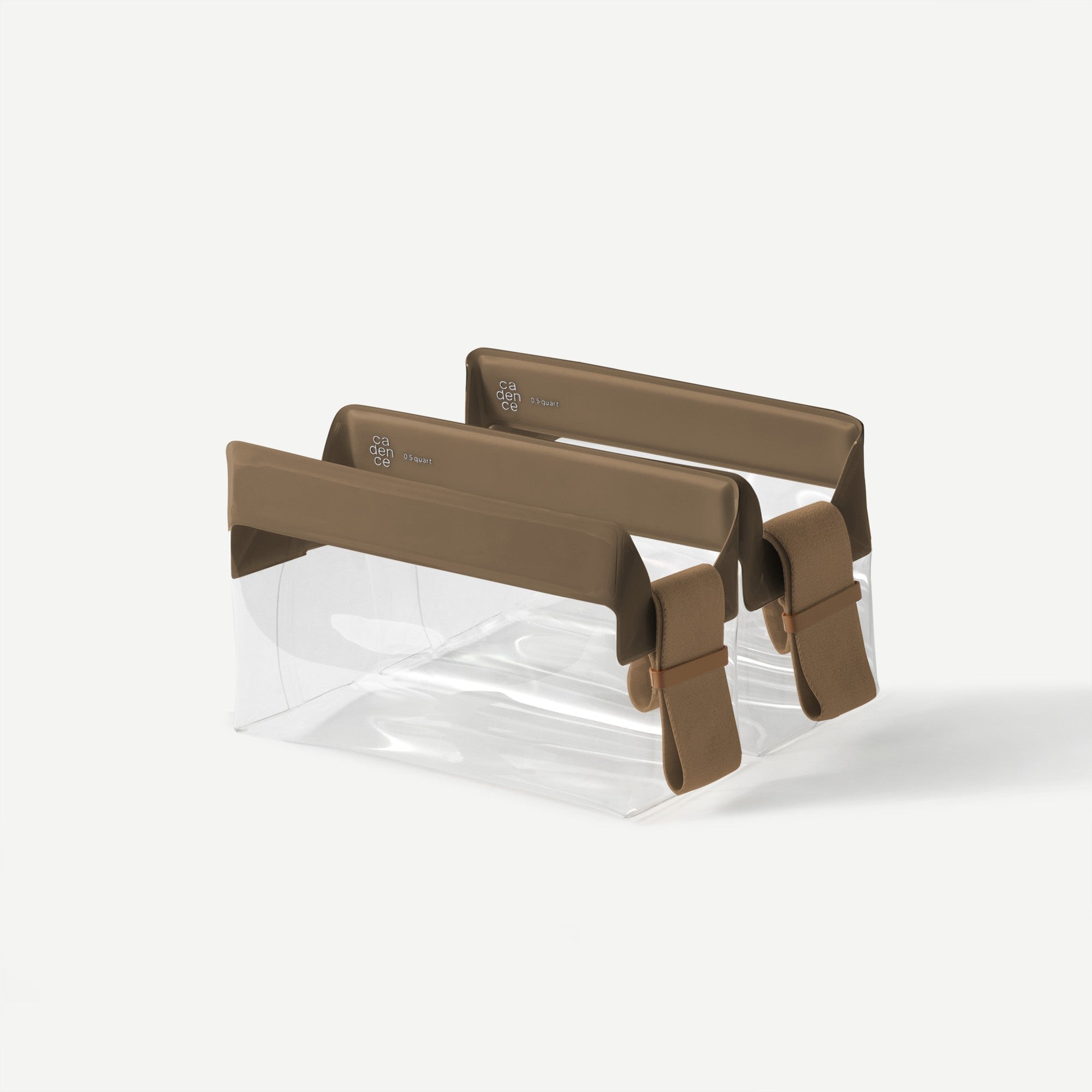 Clear plastic container with brown straps on a white background