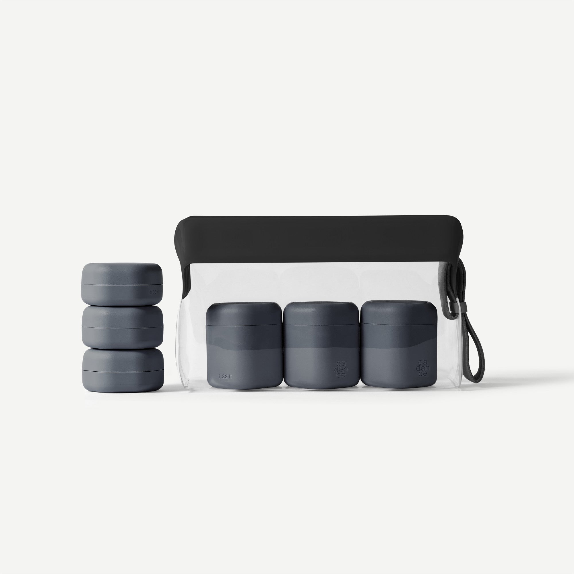 Set of gray containers with a black pouch on a white background