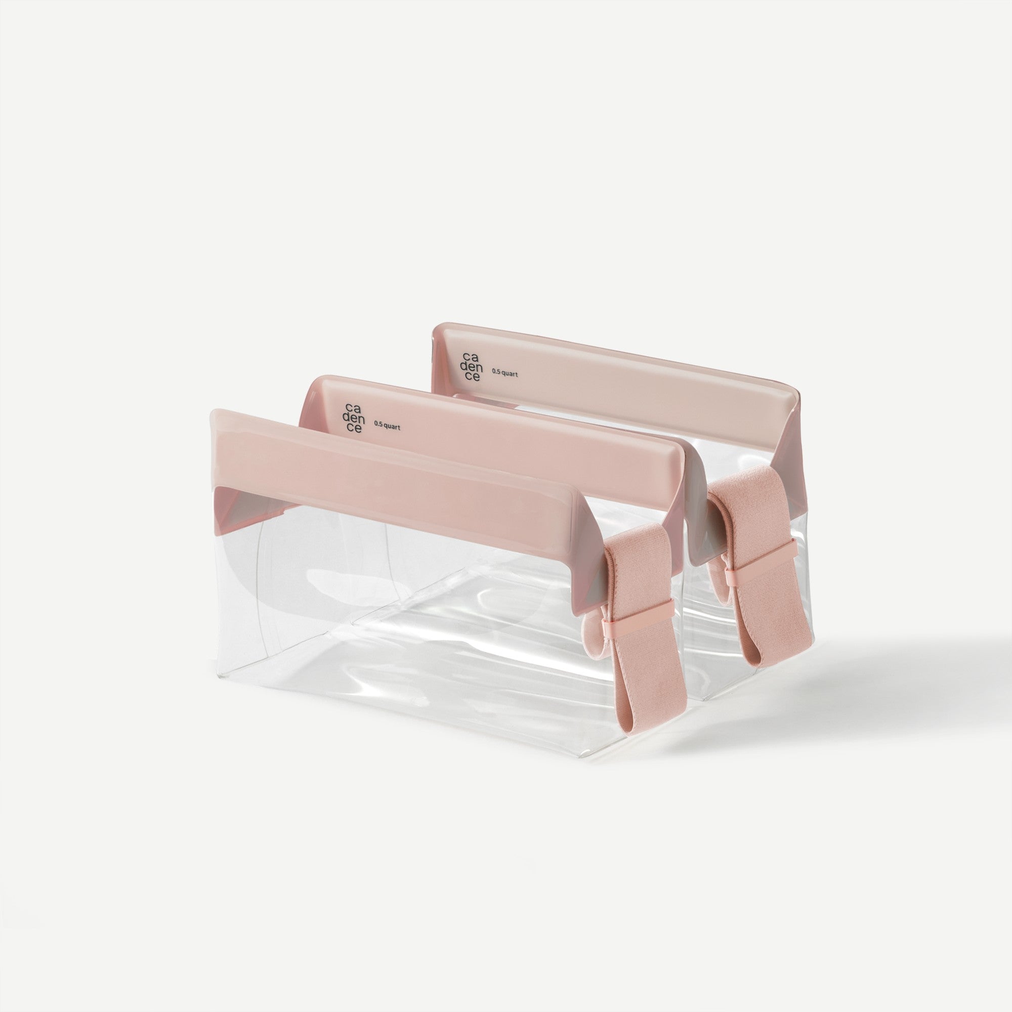 Clear plastic bag with pink clips on a white background