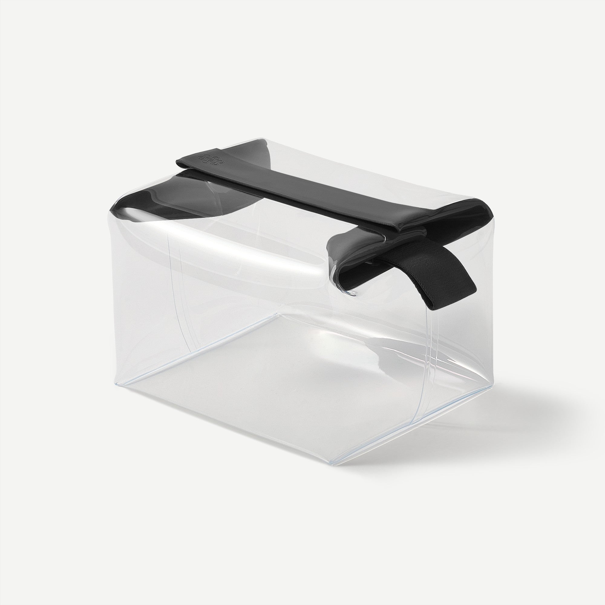 Clear plastic container with a black lid on a white background
