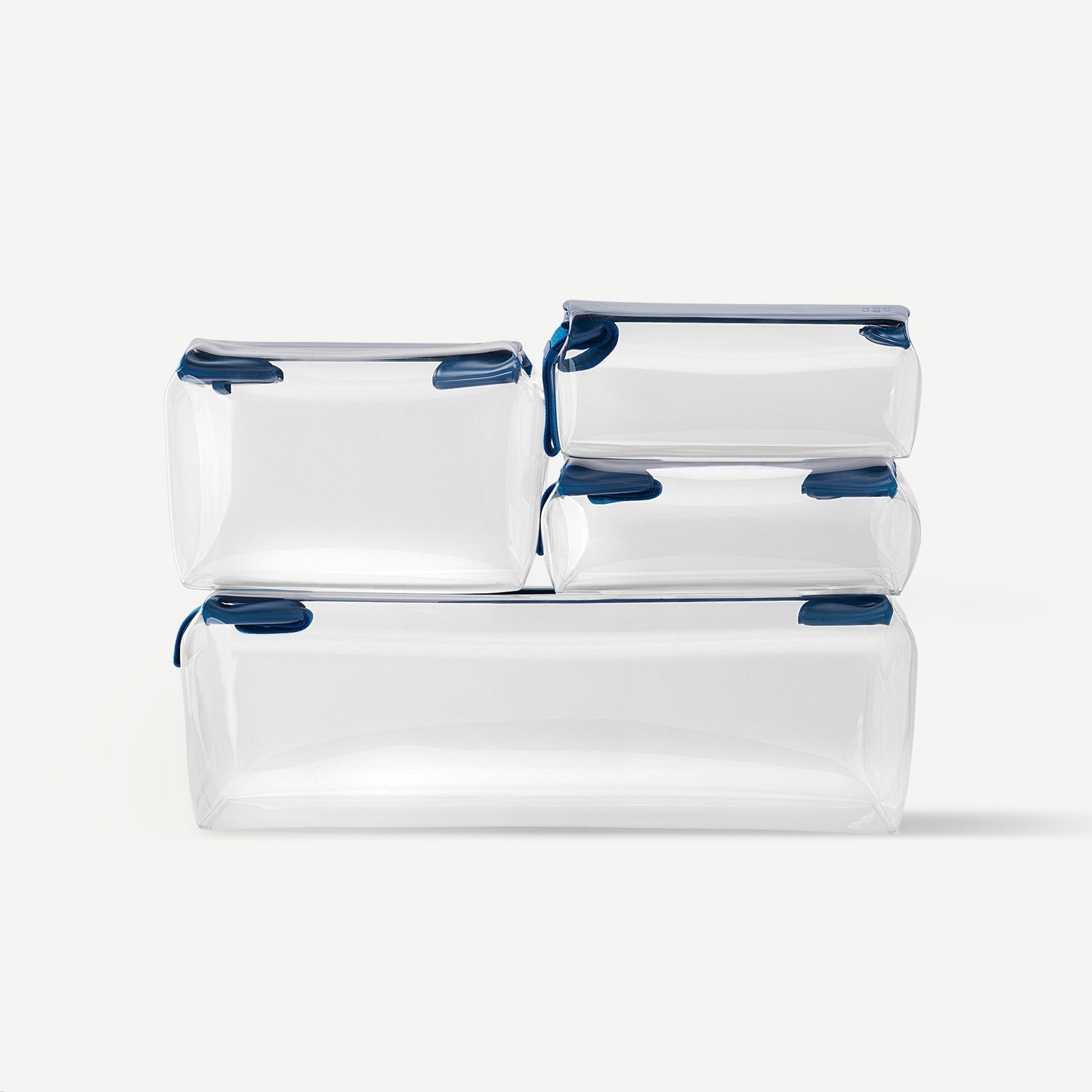 Set of clear plastic bags with black zippers on a white background